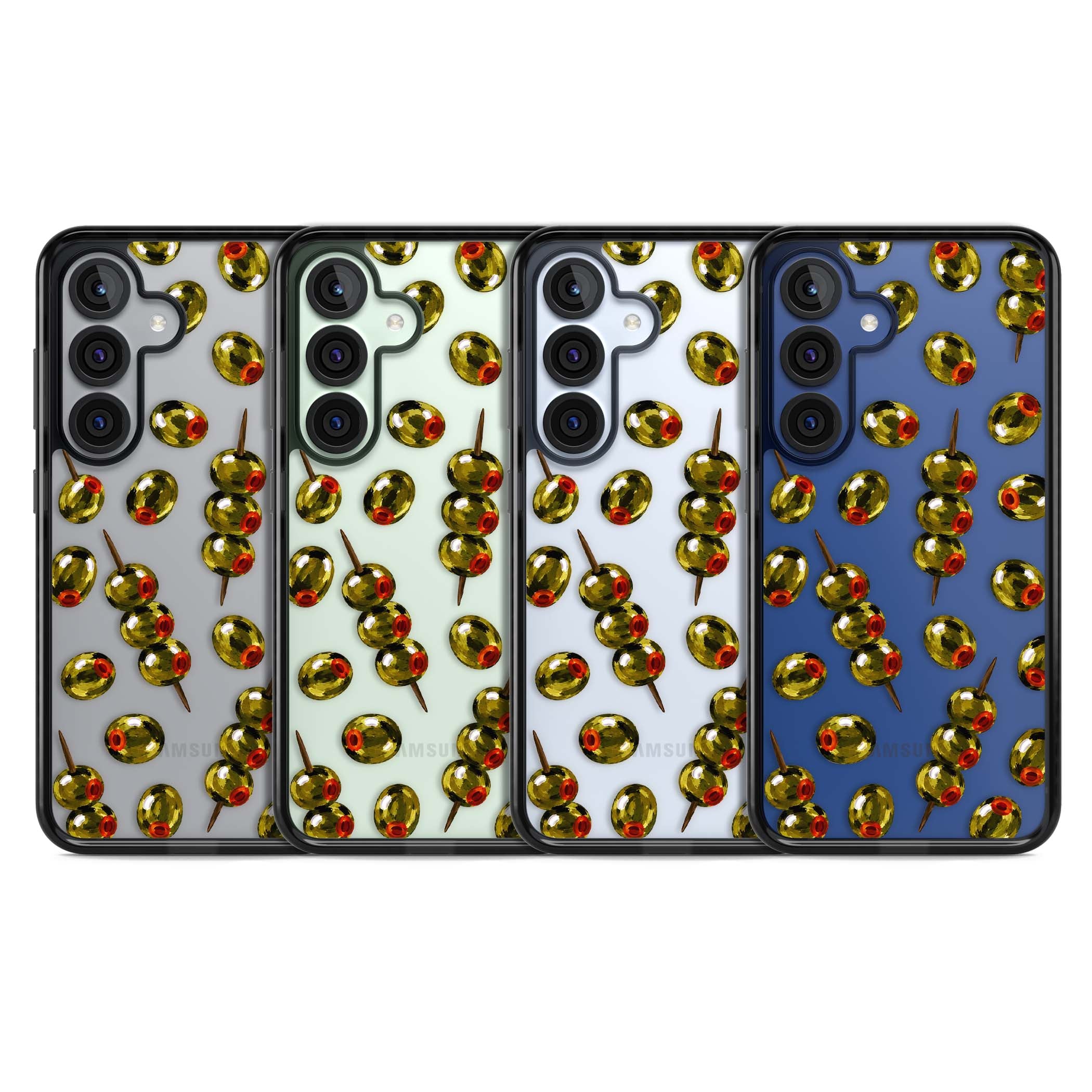 Painted Olives cocktail iPhone case featuring green olives, pimento centres and toothpick skewers on a clear background | Black Impact case for Samsung Galaxy S25, Samsung Galaxy S25 Plus