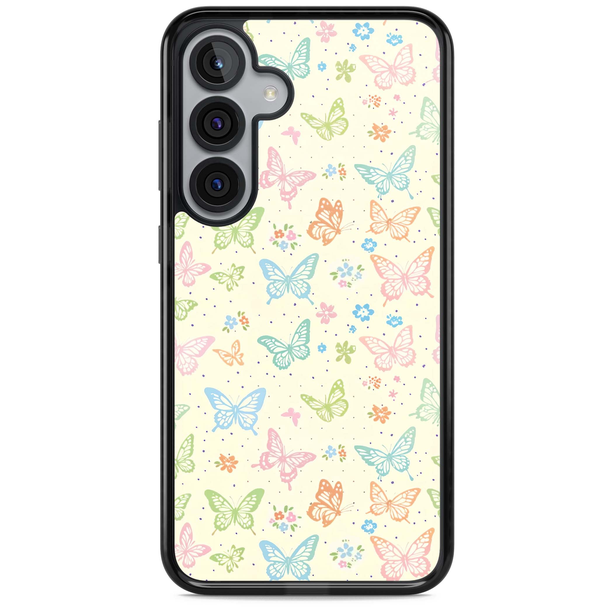 Sugar Wings cottagecore iPhone case featuring rainbow pastel butterflies, tiny wildflowers, and a cream background | Black Impact case for Samsung Galaxy S25, Samsung Galaxy S25 Plus