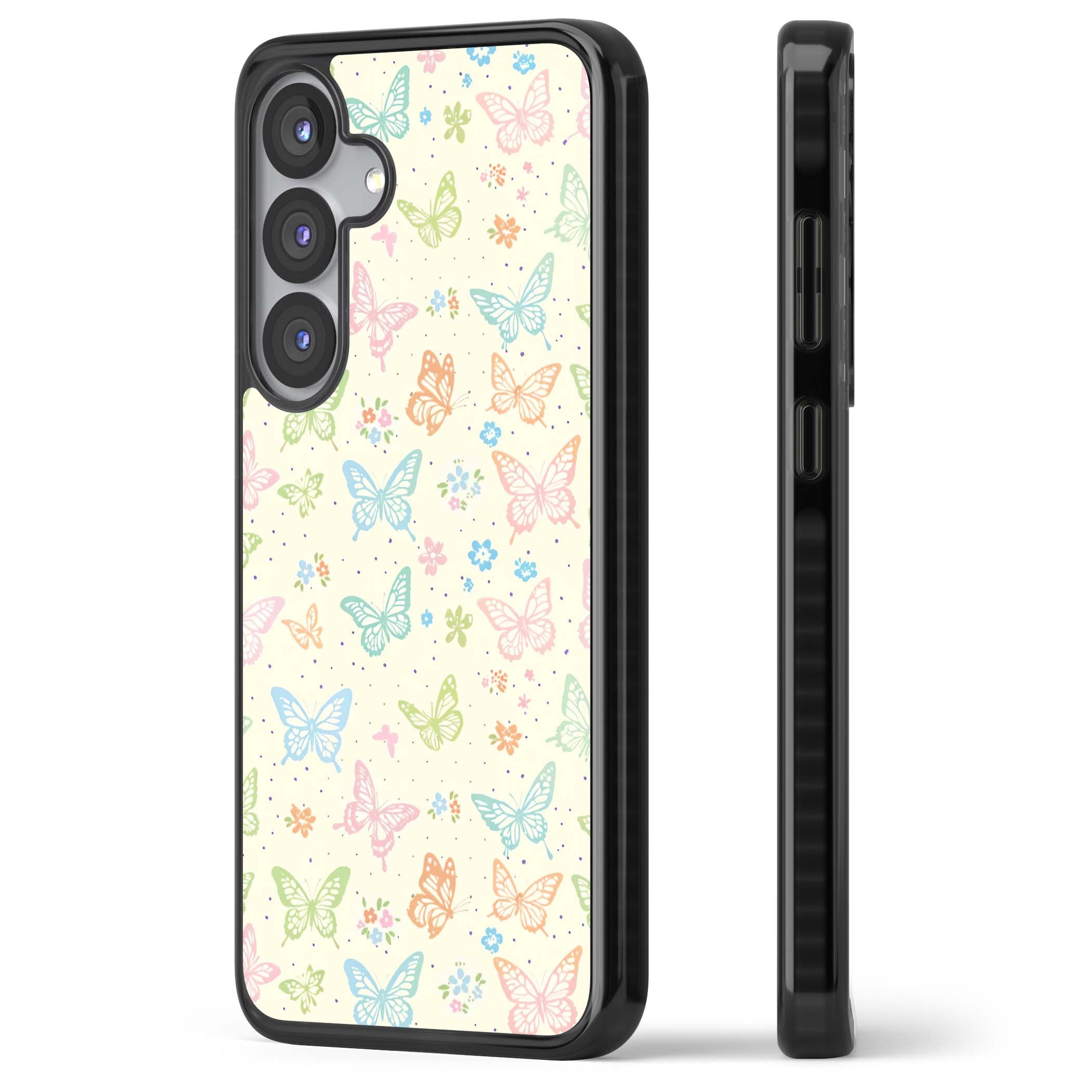 Sugar Wings cottagecore iPhone case featuring rainbow pastel butterflies, tiny wildflowers, and a cream background | Black Impact case for Samsung Galaxy S25, Samsung Galaxy S25 Plus