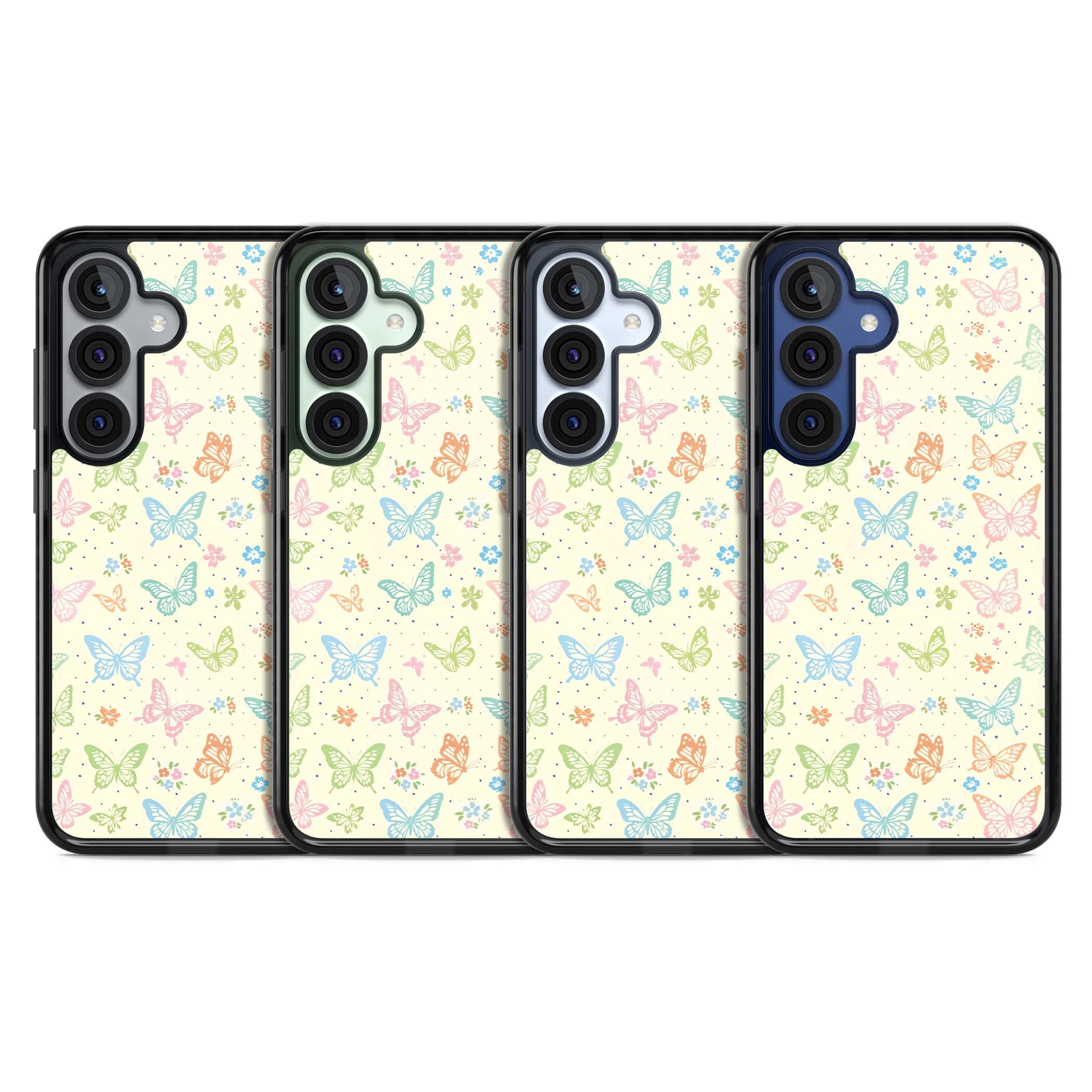 Sugar Wings cottagecore iPhone case featuring rainbow pastel butterflies, tiny wildflowers, and a cream background | Black Impact case for Samsung Galaxy S25, Samsung Galaxy S25 Plus