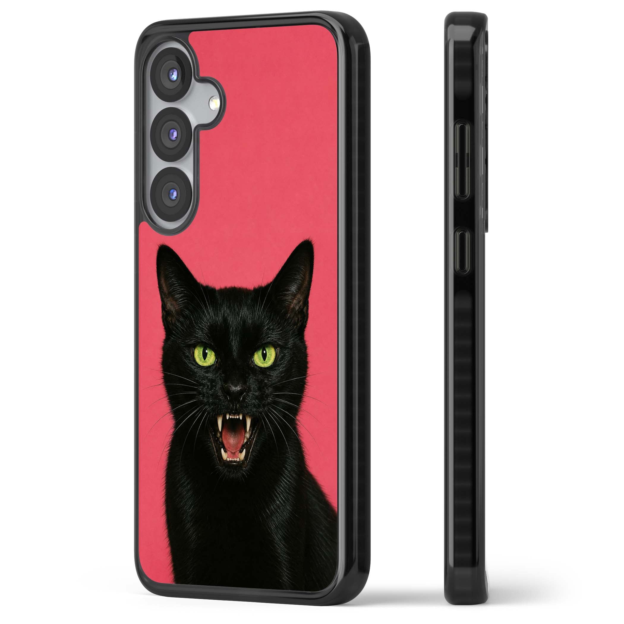 Hissin' Baddie black cat iPhone case featuring a hissing feline with green eyes on a hot pink background | Black Impact case for Samsung Galaxy S25, Samsung Galaxy S25 Plus