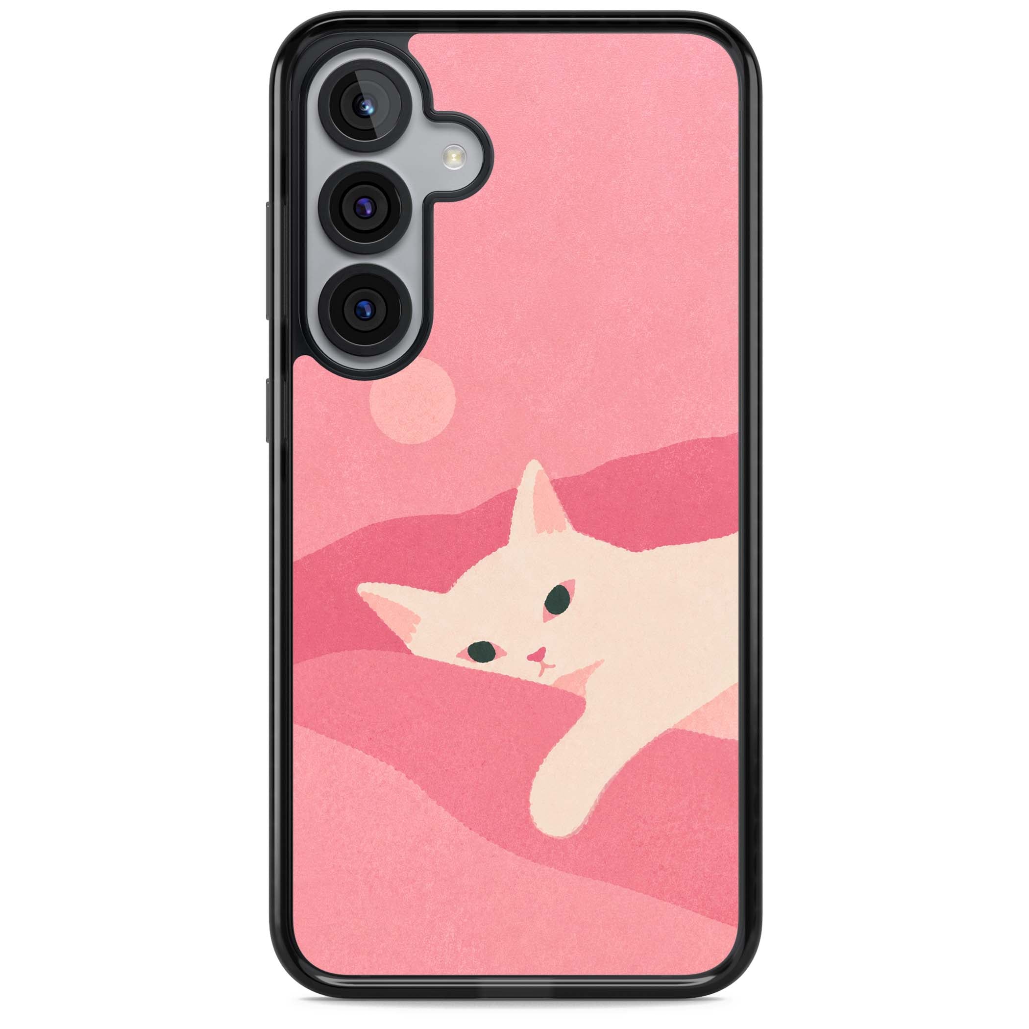 Pink Dreams cute cat iPhone case featuring a white kitten, soft pink hills and a pale pastel sun | Black Impact case for Samsung Galaxy S25, Samsung Galaxy S25 Plus