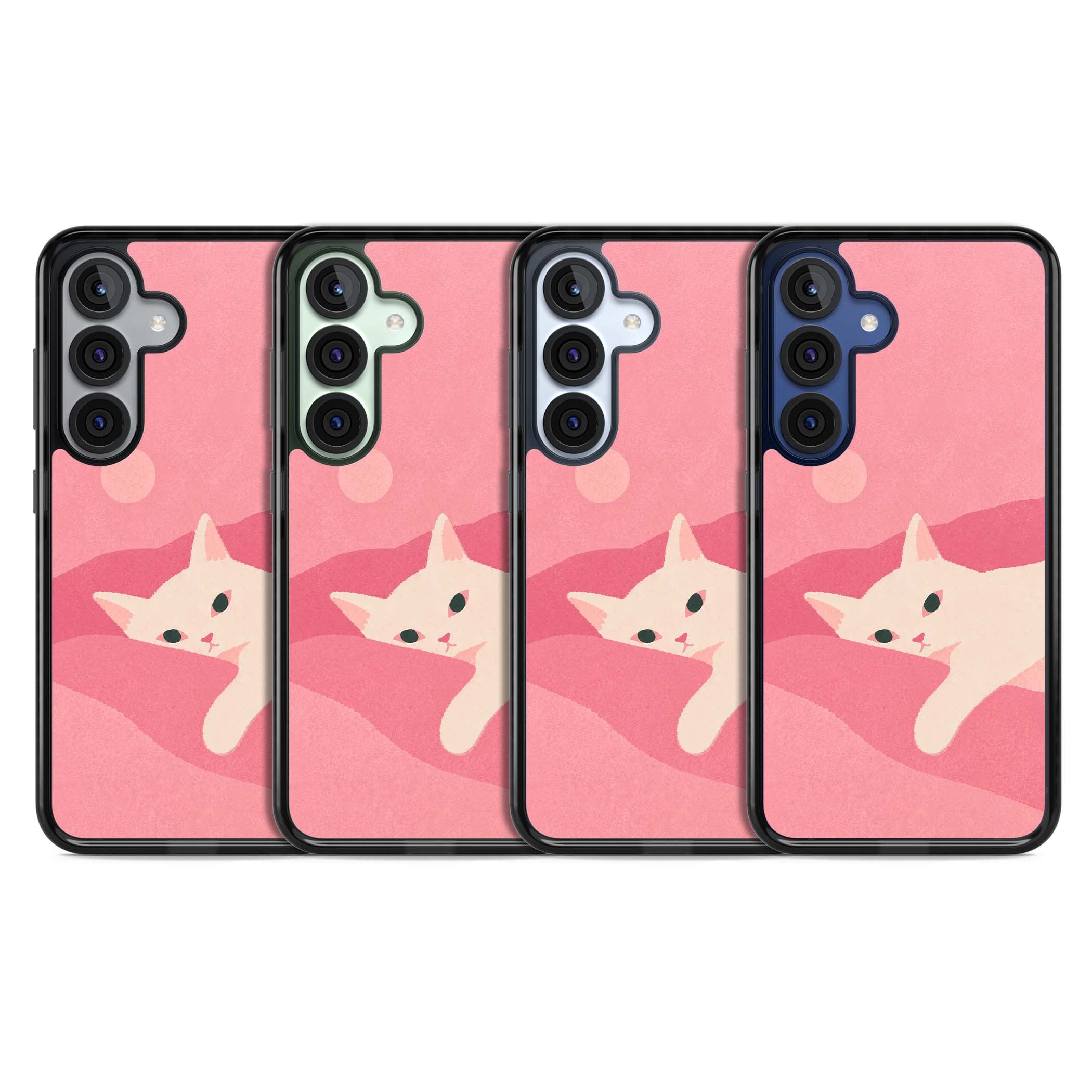 Pink Dreams cute cat iPhone case featuring a white kitten, soft pink hills and a pale pastel sun | Black Impact case for Samsung Galaxy S25, Samsung Galaxy S25 Plus