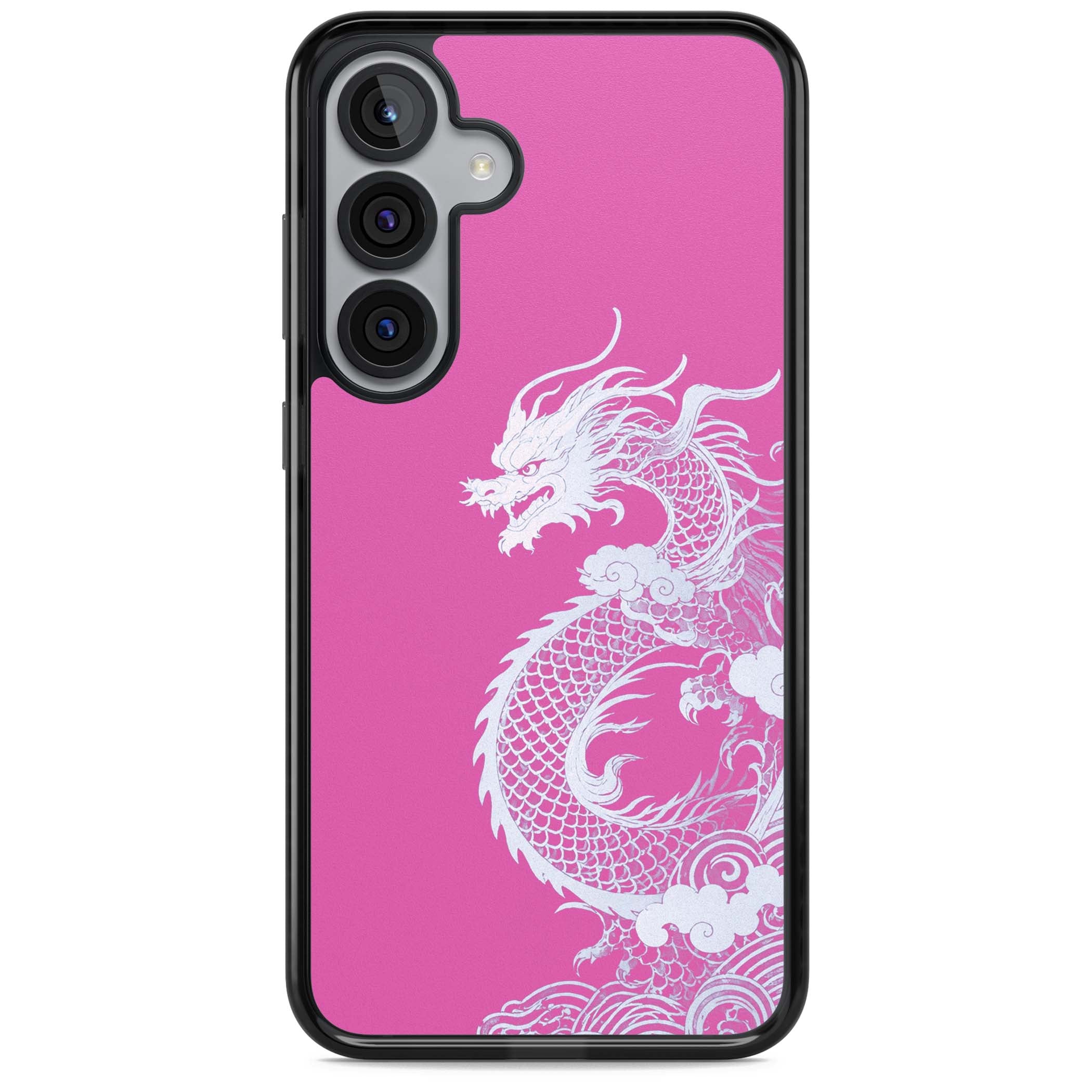 Pink Empress chinese dragon iPhone case featuring a white dragon, swirling clouds and pink dragon wallpaper backdrop | Black Impact case for Samsung Galaxy S25, Samsung Galaxy S25 Plus
