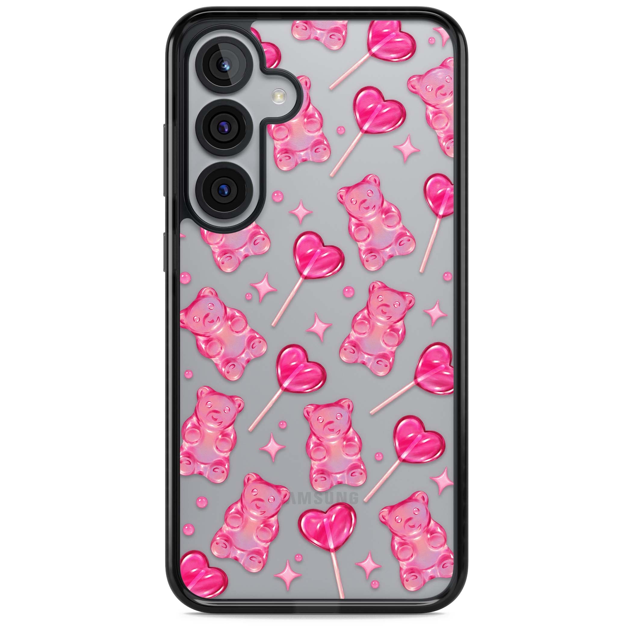 Pink Sugar pinkcore iPhone case featuring pink gummy bears, heart-shaped lollipops and sparkle stars | Black Impact case for Samsung Galaxy S25, Samsung Galaxy S25 Plus