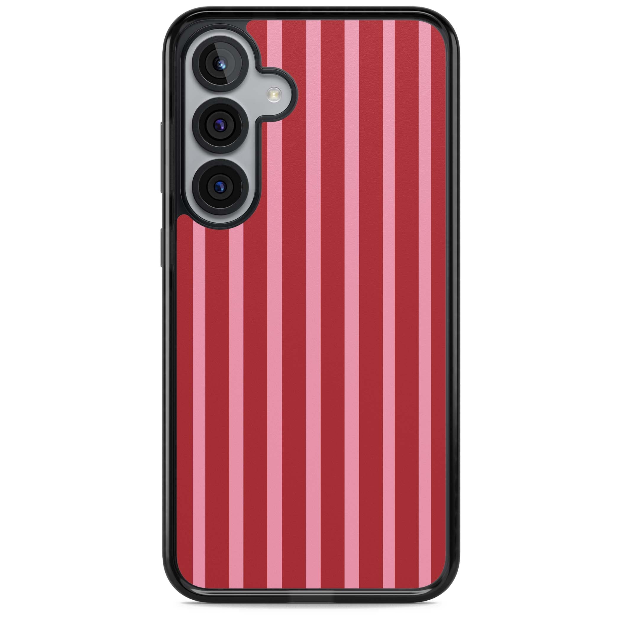 Raspberry Stripe coquette iPhone case featuring red and pink vertical stripes in a candy-inspired pattern | Black Impact case for Samsung Galaxy S25, Samsung Galaxy S25 Plus