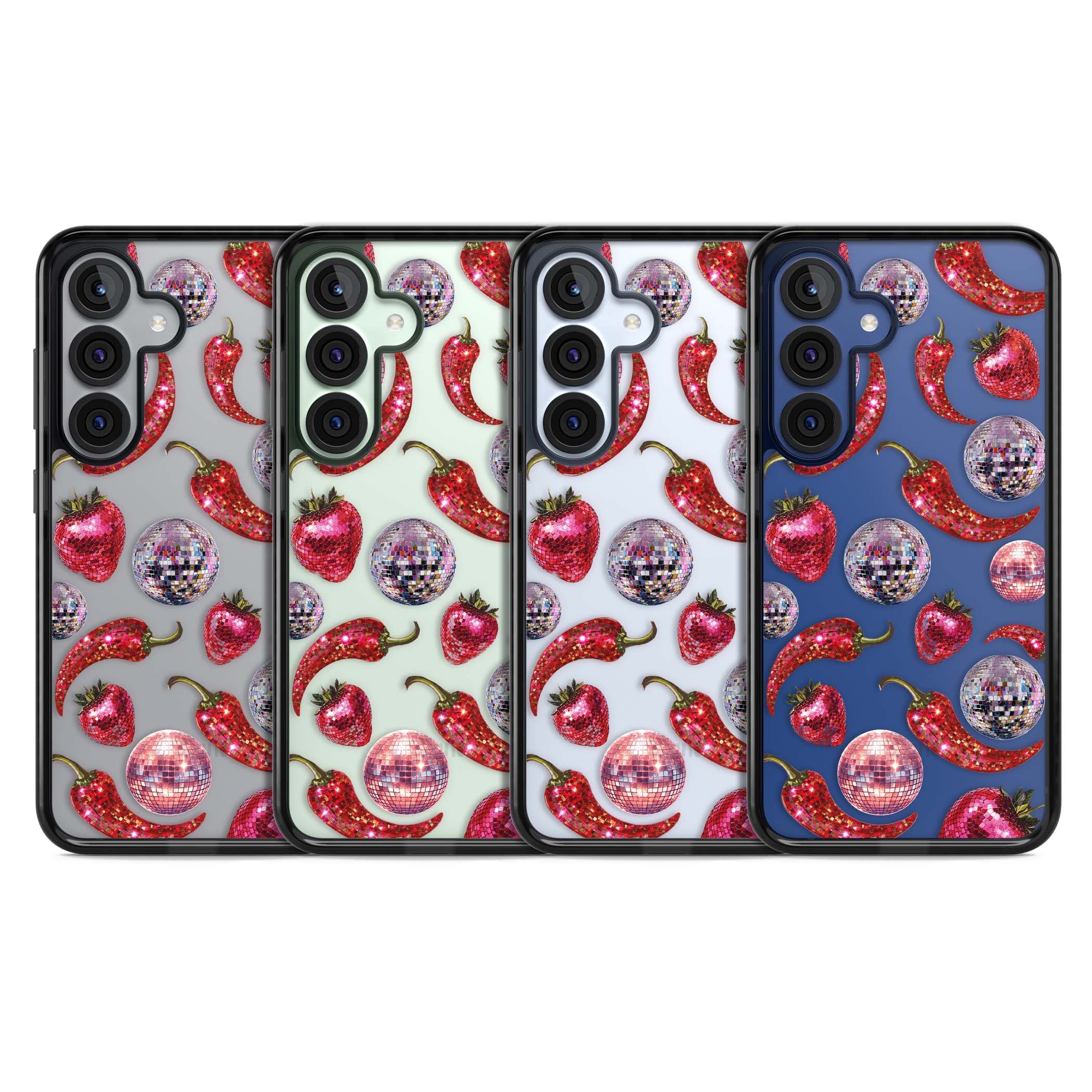 Spicy Disco Y2K iPhone case featuring glitter disco balls, sparkly strawberries and red chilli peppers | Black Impact case for Samsung Galaxy S25, Samsung Galaxy S25 Plus
