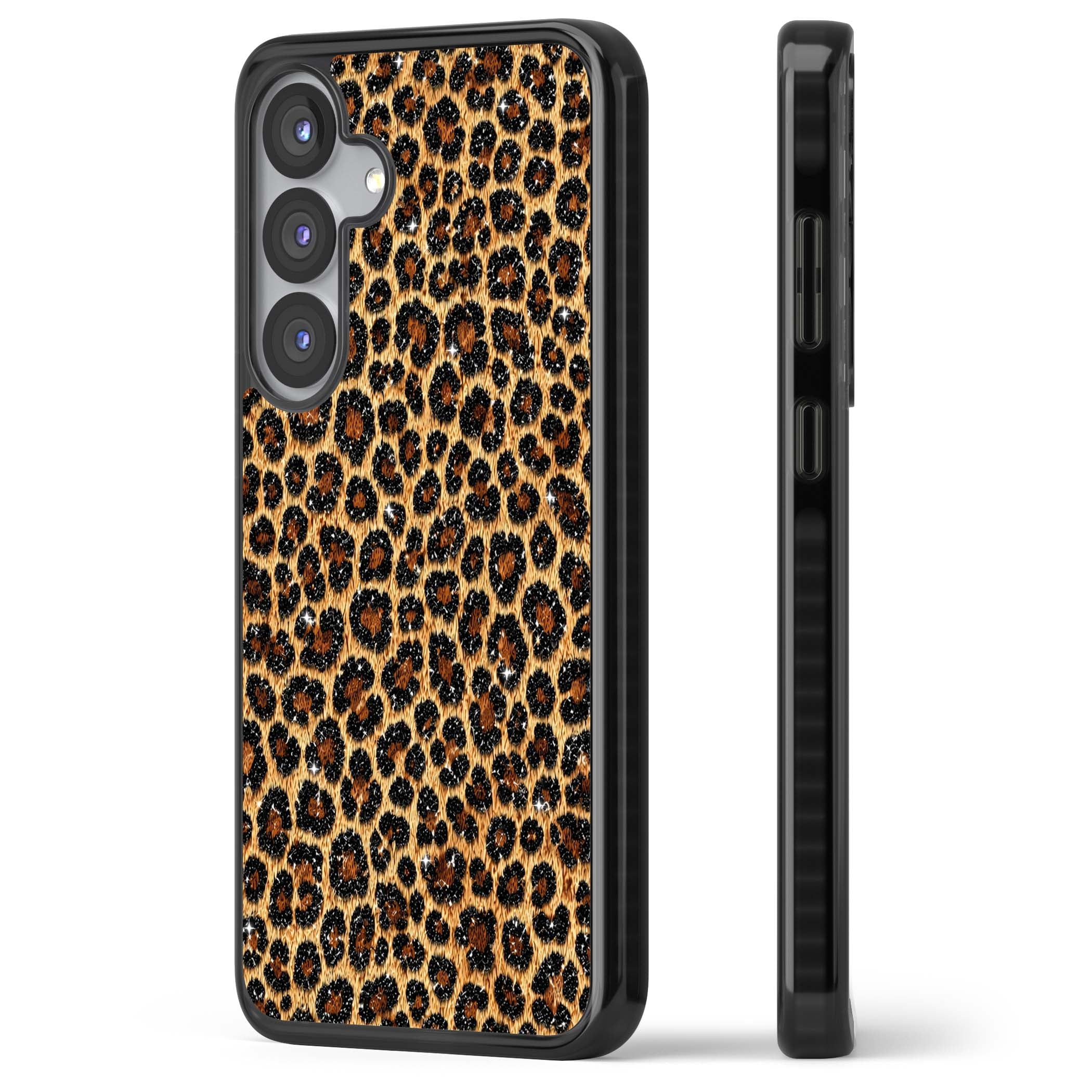 Diamond Leopard leopard print iPhone case featuring golden tan fur, black rosette spots and subtle glitter sparkle | Black Impact case for Samsung Galaxy S25, Samsung Galaxy S25 Plus