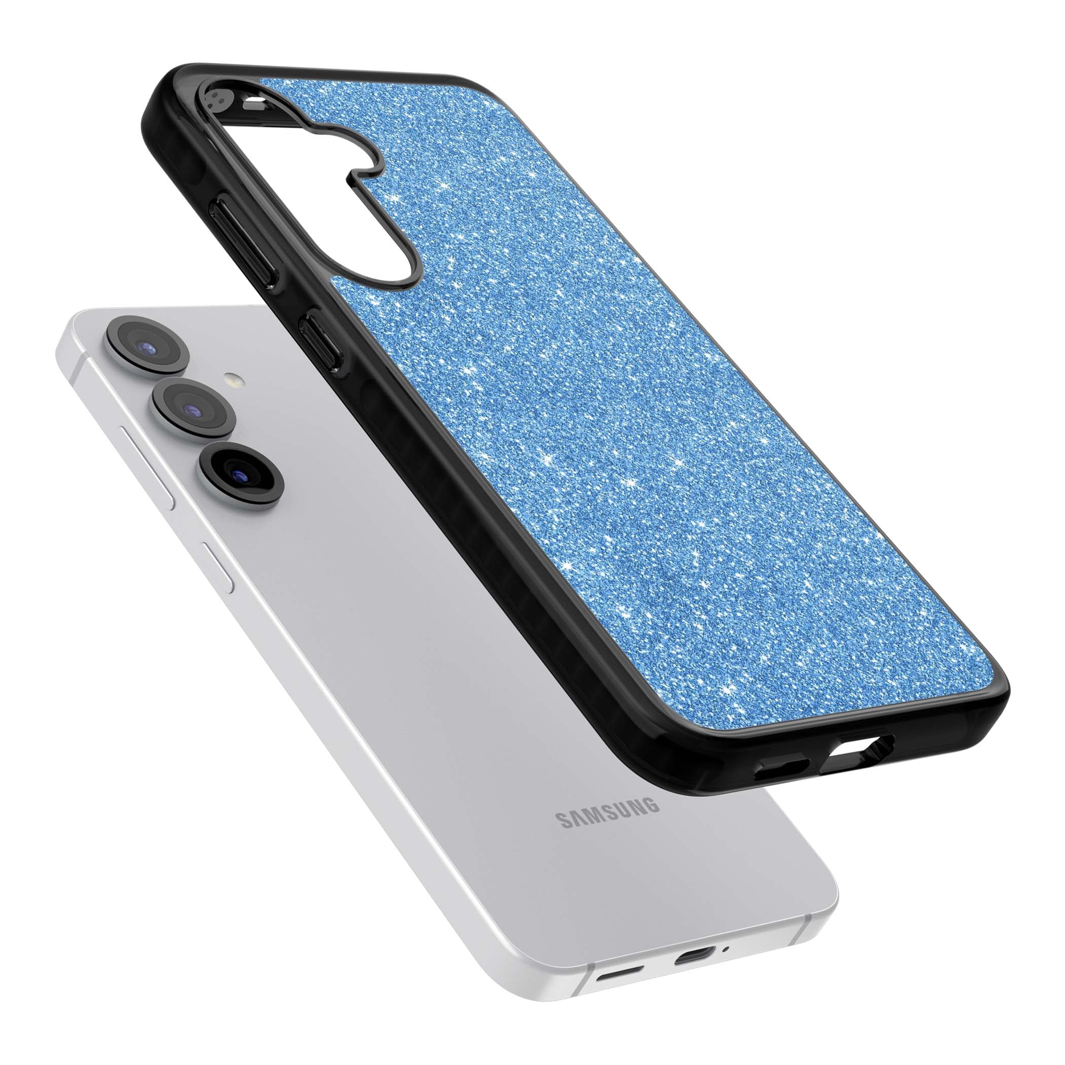 Blue Glitter blue glitter iPhone case featuring dense sparkling cerulean glitter with a glamorous shimmering finish | Black Impact case for Samsung Galaxy S25, Samsung Galaxy S25 Plus