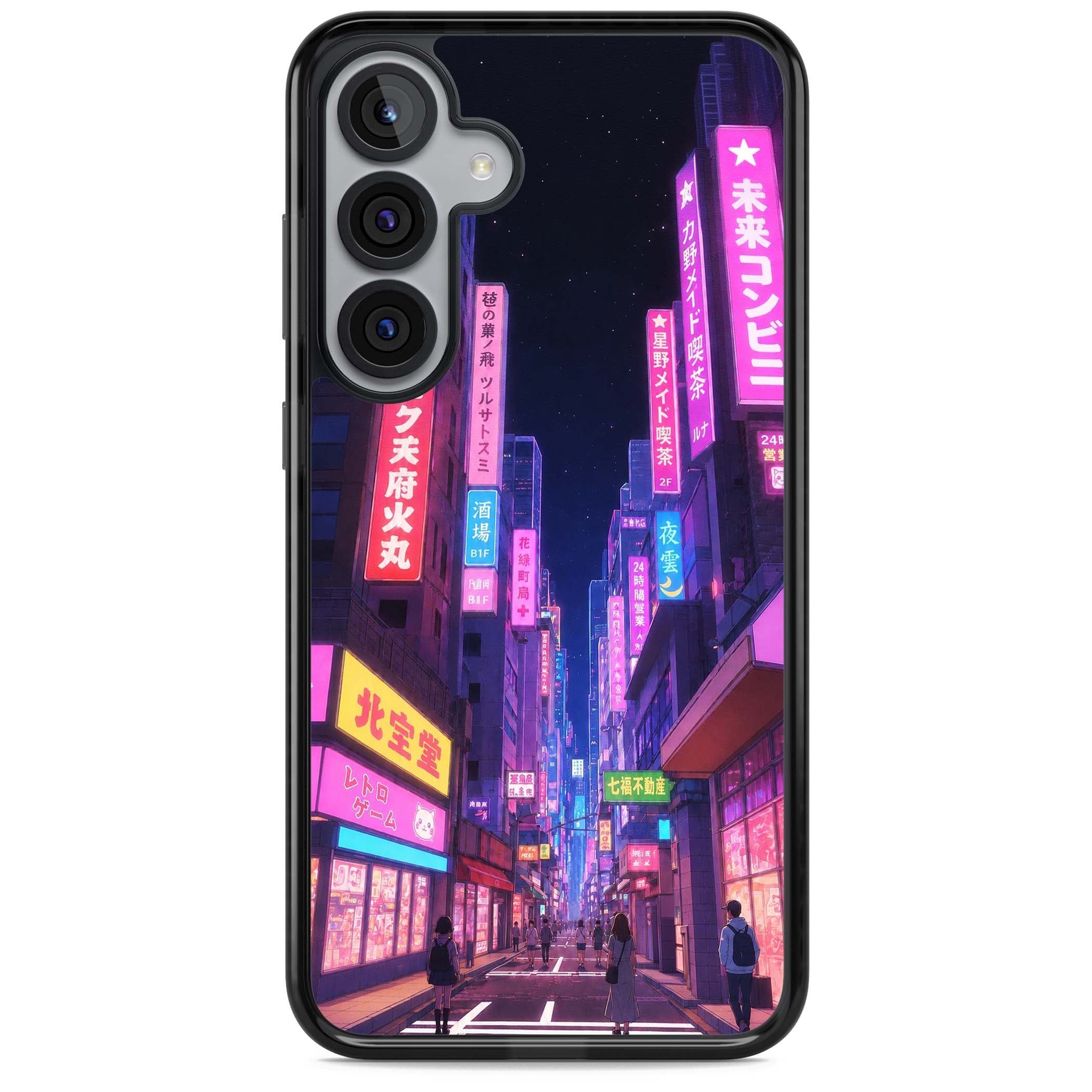 Shibuya At Night Japanese neon city iPhone case featuring glowing kanji signs, pink storefronts and a Tokyo street at n | Black Impact case for Samsung Galaxy S25, Samsung Galaxy S25 Plus