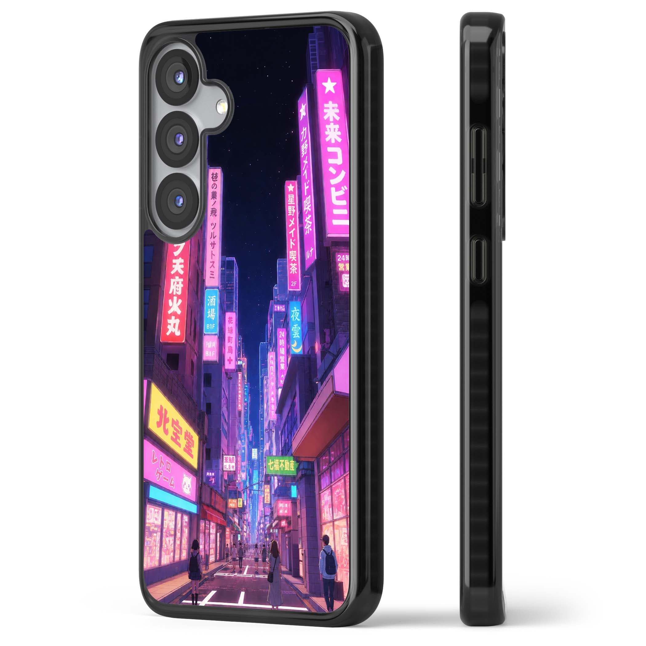 Shibuya At Night Japanese neon city iPhone case featuring glowing kanji signs, pink storefronts and a Tokyo street at n | Black Impact case for Samsung Galaxy S25, Samsung Galaxy S25 Plus