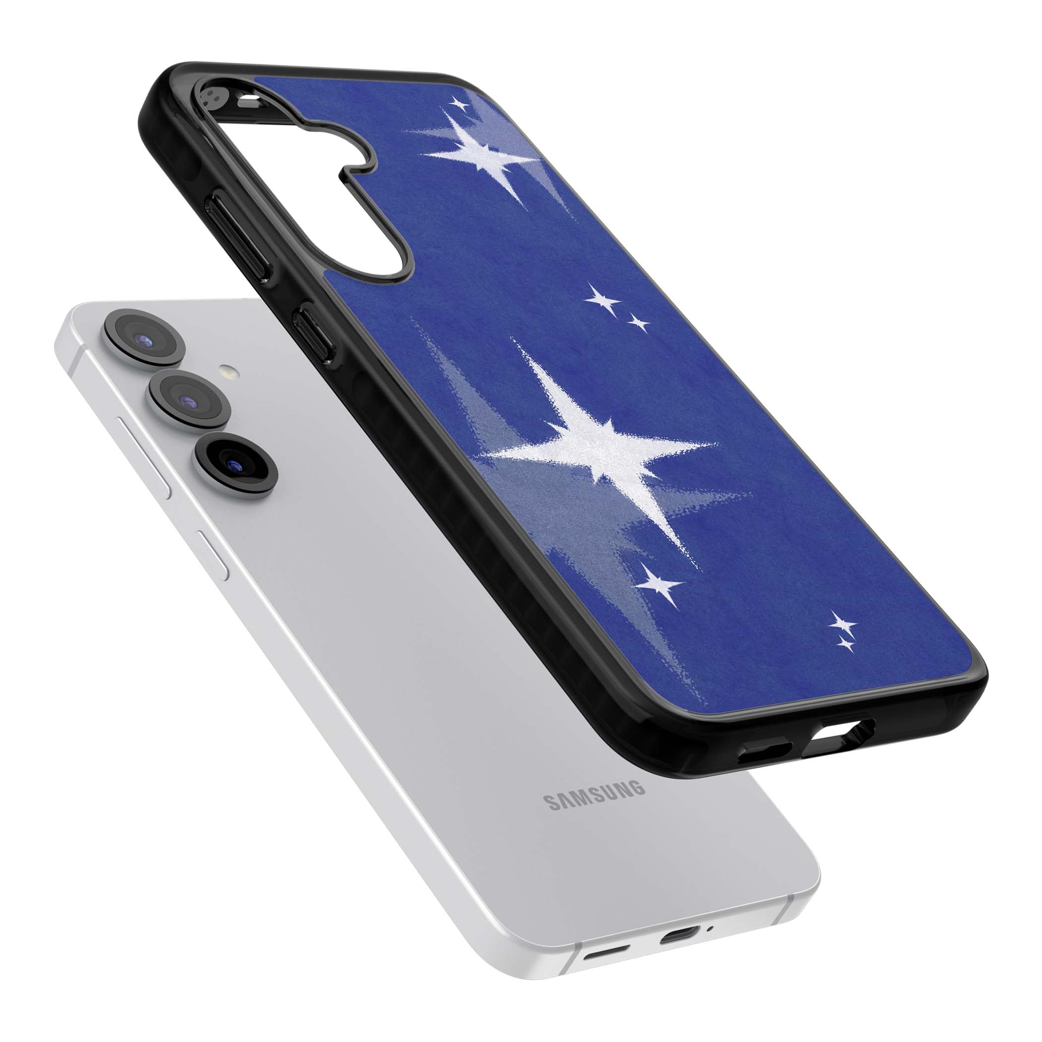 Blue Sparkle celestial iPhone case featuring sparkling silver stars on a deep blue painterly night sky | Black Impact case for Samsung Galaxy S25, Samsung Galaxy S25 Plus