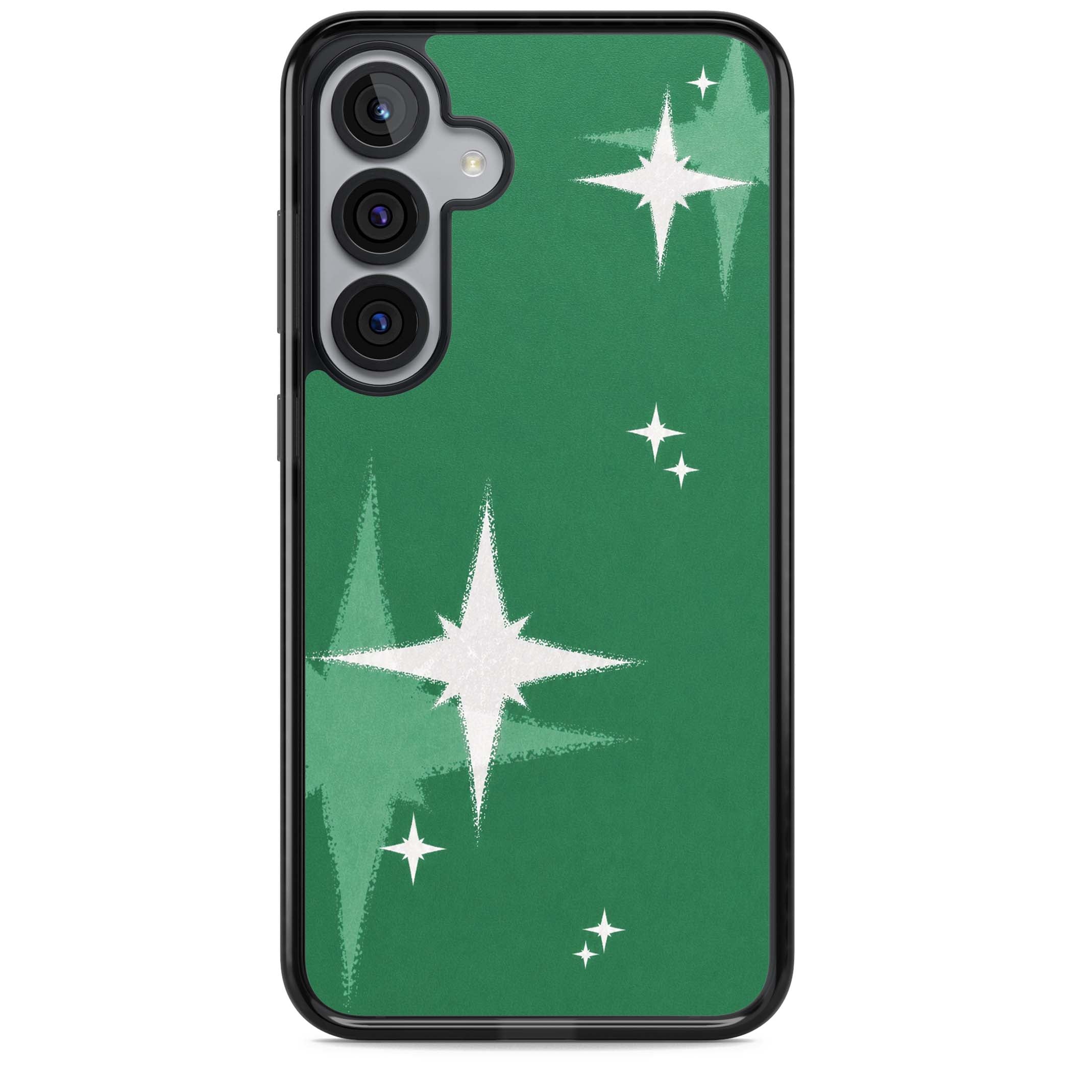Green Sparkle celestial iPhone case featuring sparkling white four-point stars on a deep green background | Black Impact case for Samsung Galaxy S25, Samsung Galaxy S25 Plus