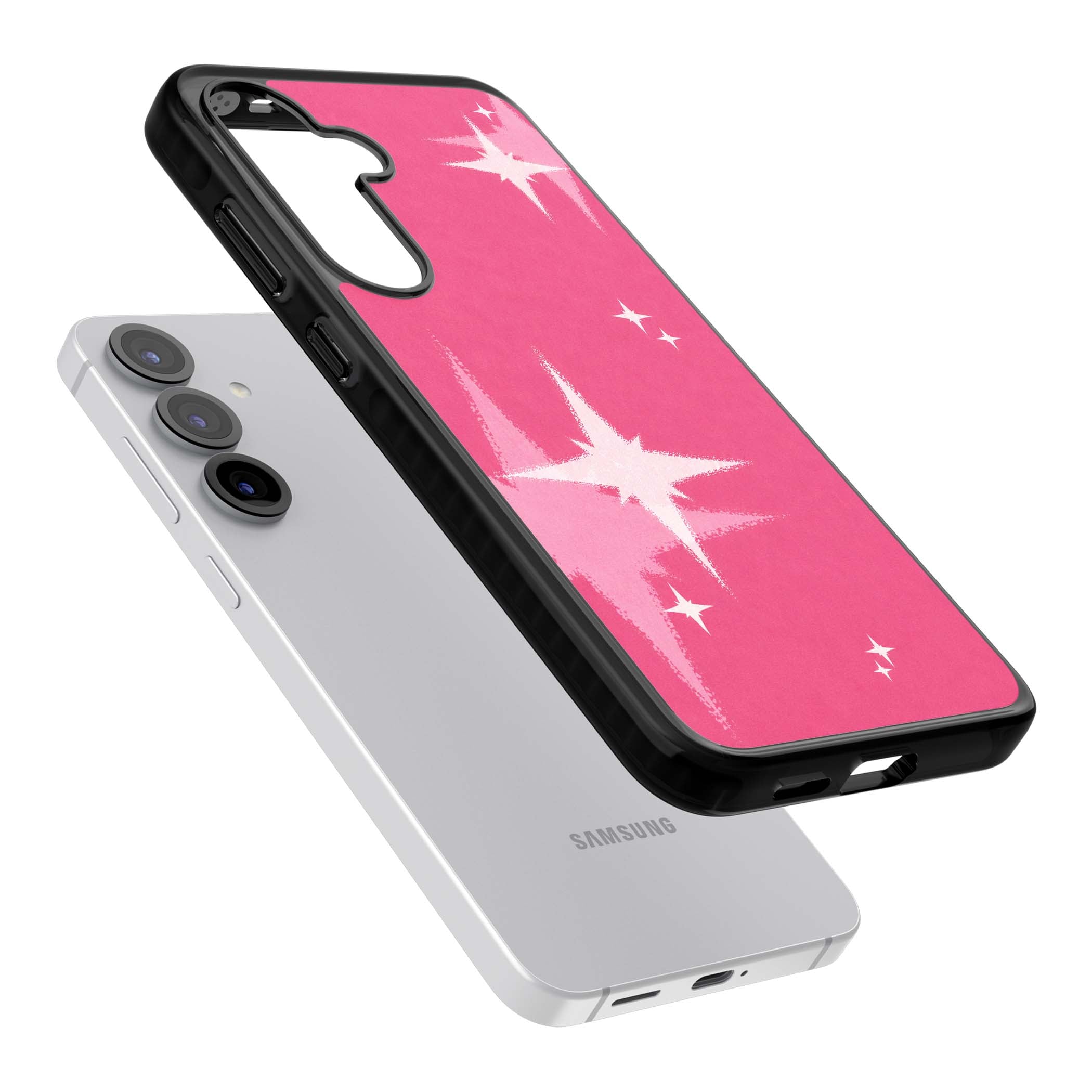 Pink Sparkle Y2K iPhone case featuring hot pink background with shimmering white starburst pattern | Black Impact case for Samsung Galaxy S25, Samsung Galaxy S25 Plus