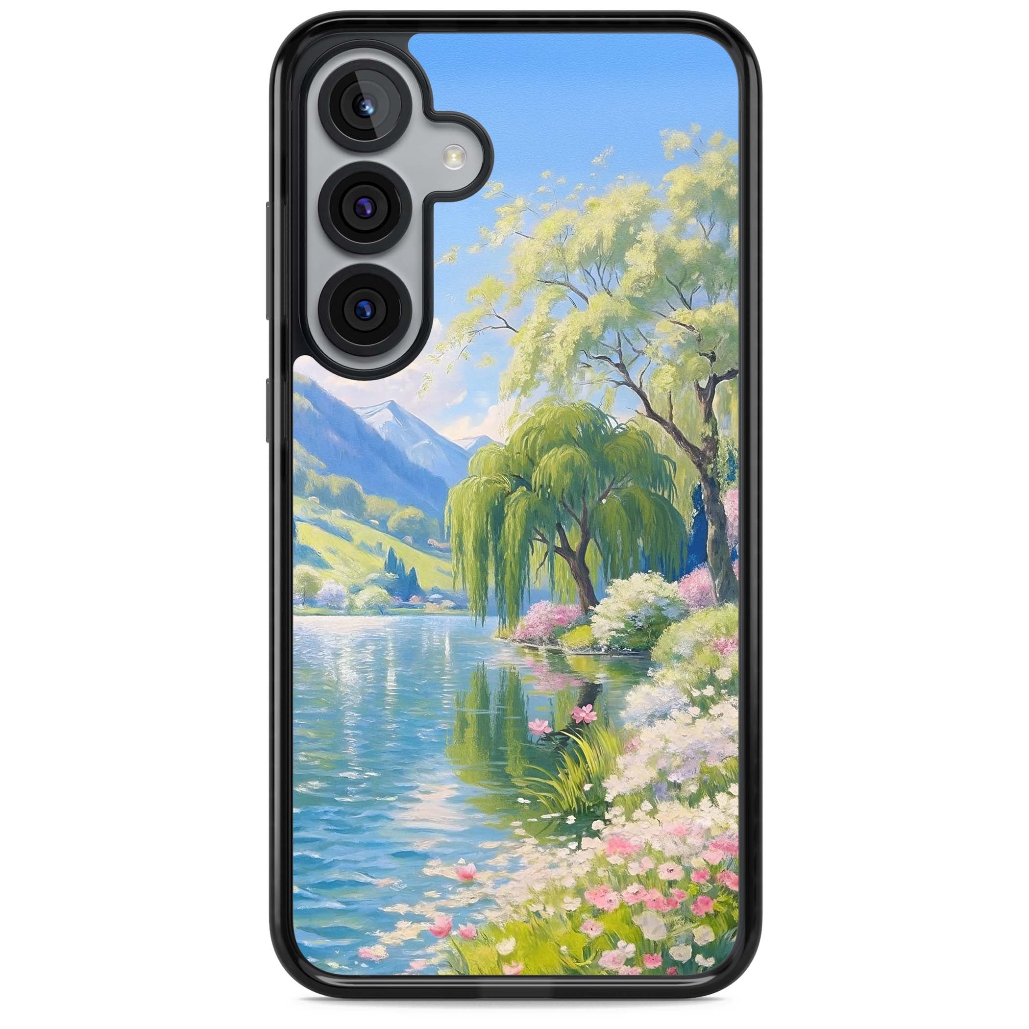 Willow Lake cottagecore iPhone case featuring a painted lakeside with weeping willow, blossoms and distant mountains | Black Impact case for Samsung Galaxy S25, Samsung Galaxy S25 Plus