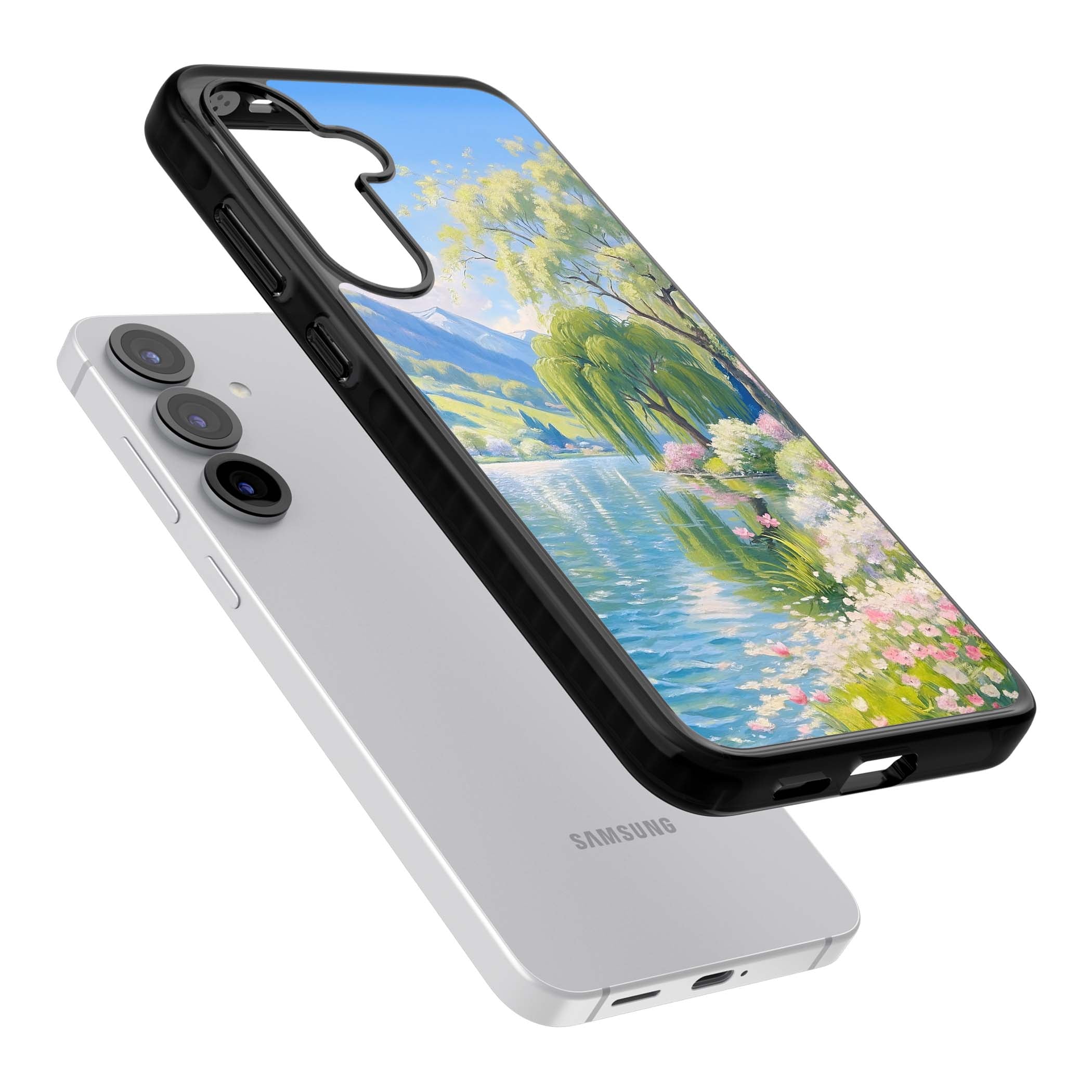 Willow Lake cottagecore iPhone case featuring a painted lakeside with weeping willow, blossoms and distant mountains | Black Impact case for Samsung Galaxy S25, Samsung Galaxy S25 Plus