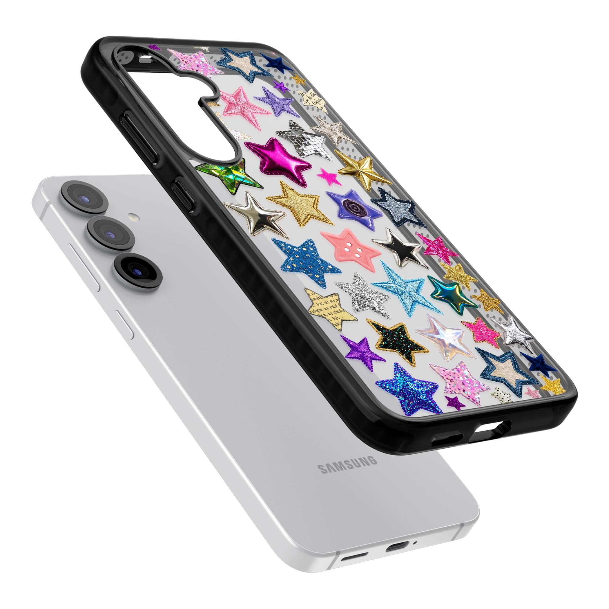 Crafty Star Mix Y2K iPhone case featuring embroidered, sequinned and glitter star patches in rainbow colours | Black Impact case for Samsung Galaxy S25, Samsung Galaxy S25 Plus