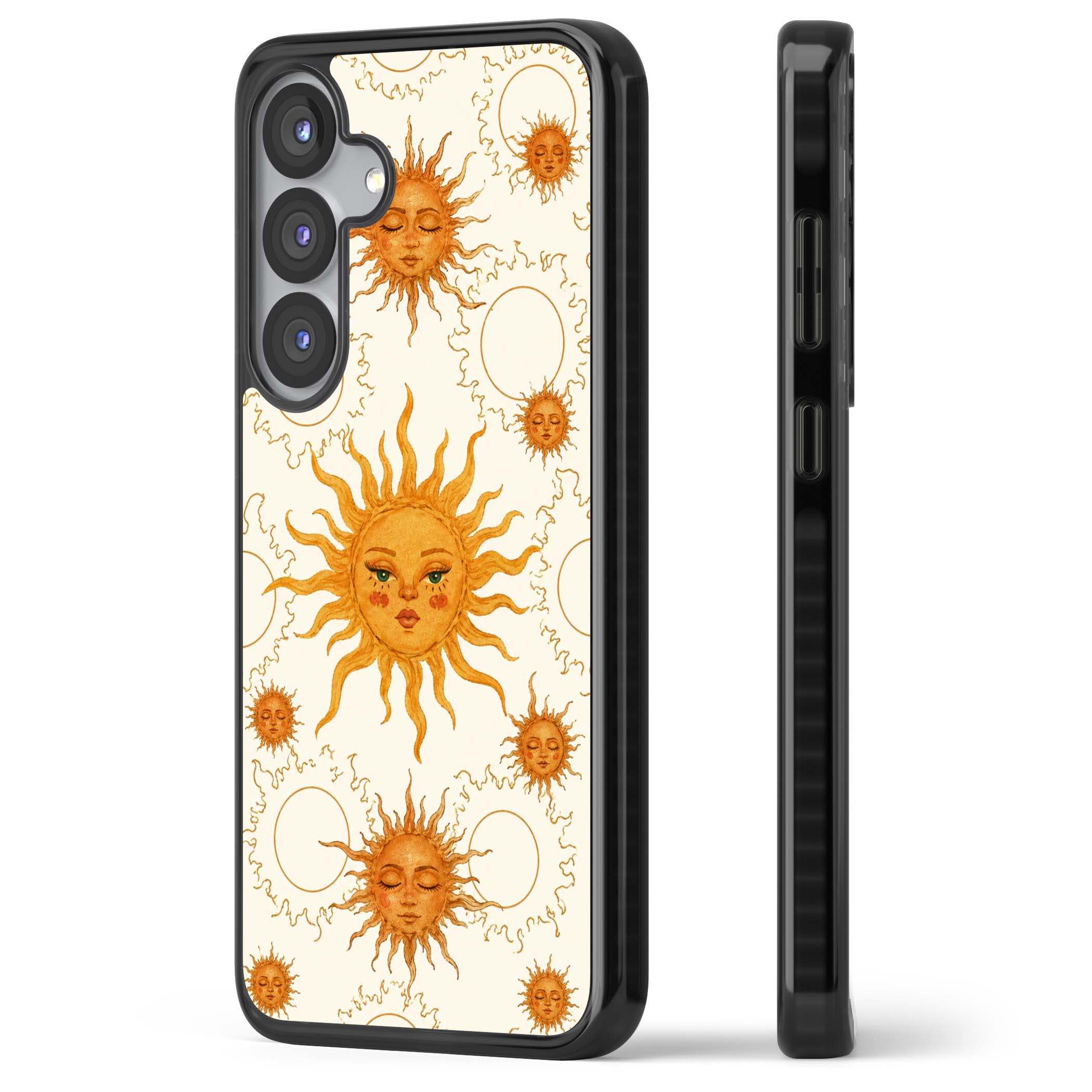 Solstice Muse celestial iPhone case featuring hand-painted golden sun faces, closed-eye sun goddesses and outlined moons... | Black Impact case for Samsung Galaxy S25, Samsung Galaxy S25 Plus