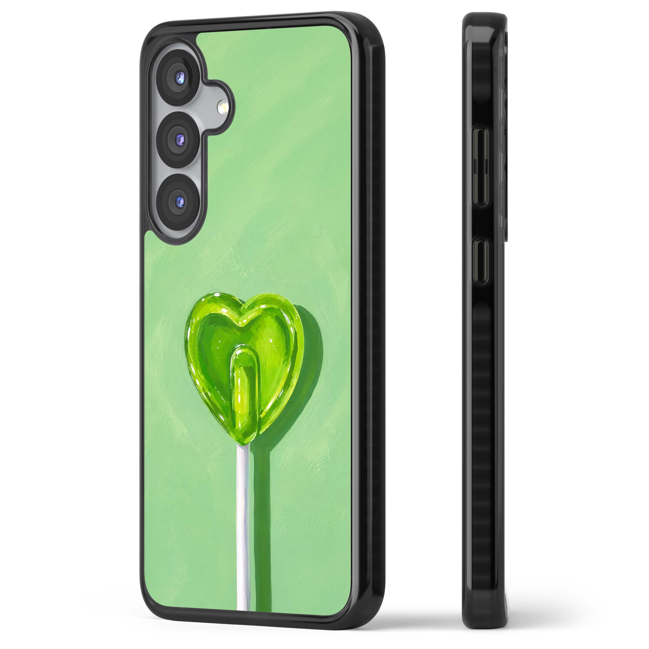 Green Lollipop candy art iPhone case featuring a glossy green heart-shaped lollipop on a painted pastel green background | Black Impact case for Samsung Galaxy S25, Samsung Galaxy S25 Plus
