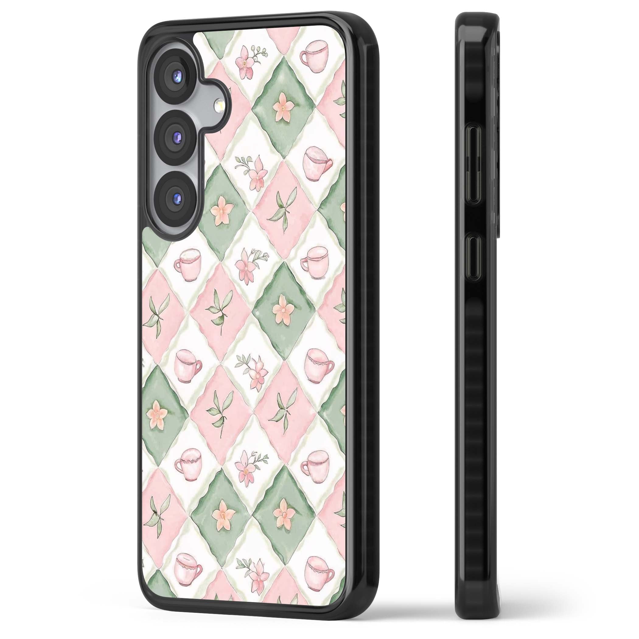 Garden Tea Party coquette iPhone case with pink and green checkered pattern, watercolour teacups and wildflowers | Black Impact case for Samsung Galaxy S25, Samsung Galaxy S25 Plus