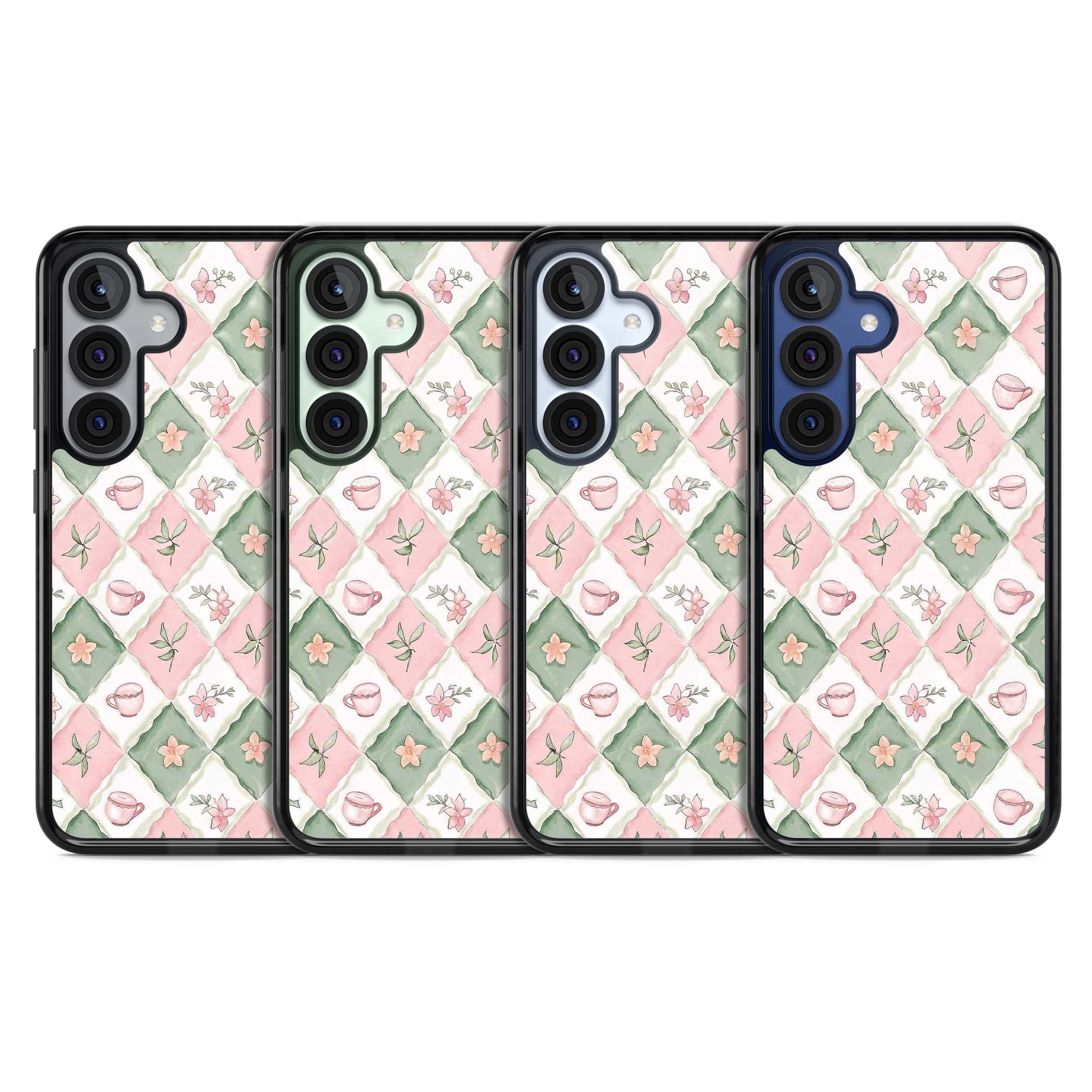 Garden Tea Party coquette iPhone case with pink and green checkered pattern, watercolour teacups and wildflowers | Black Impact case for Samsung Galaxy S25, Samsung Galaxy S25 Plus