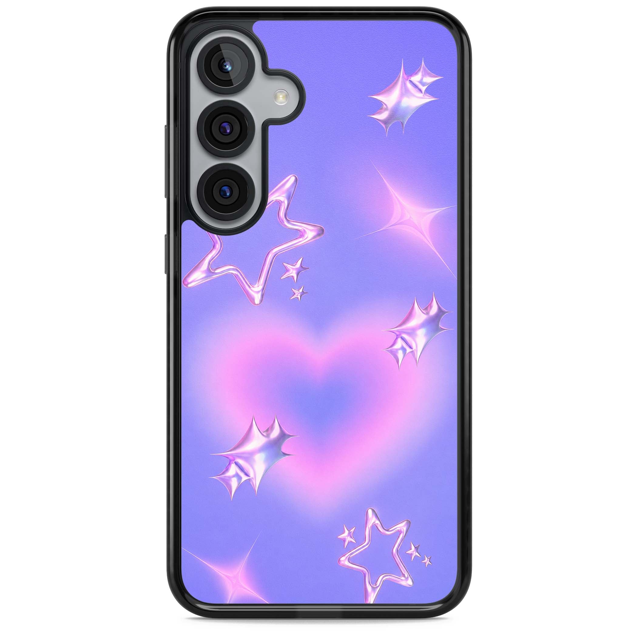 Soft Sugar Y2K iPhone case featuring iridescent chrome hearts, metallic pink stars and a lavender gradient sky | Black Impact case for Samsung Galaxy S25, Samsung Galaxy S25 Plus