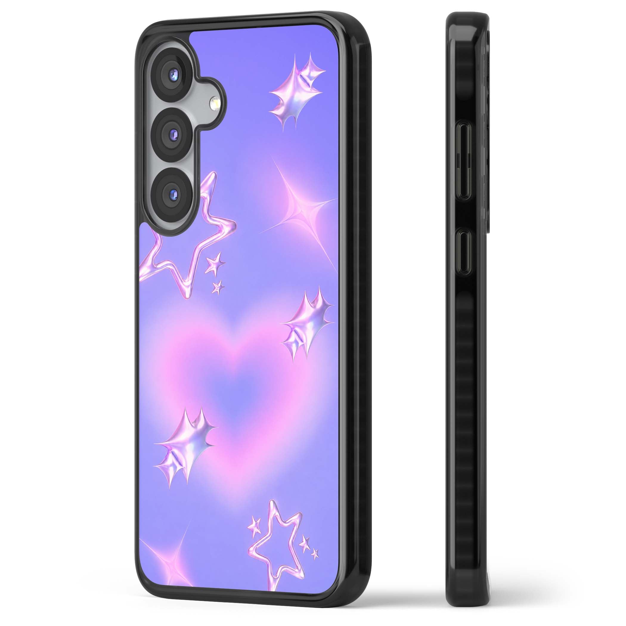 Soft Sugar Y2K iPhone case featuring iridescent chrome hearts, metallic pink stars and a lavender gradient sky | Black Impact case for Samsung Galaxy S25, Samsung Galaxy S25 Plus