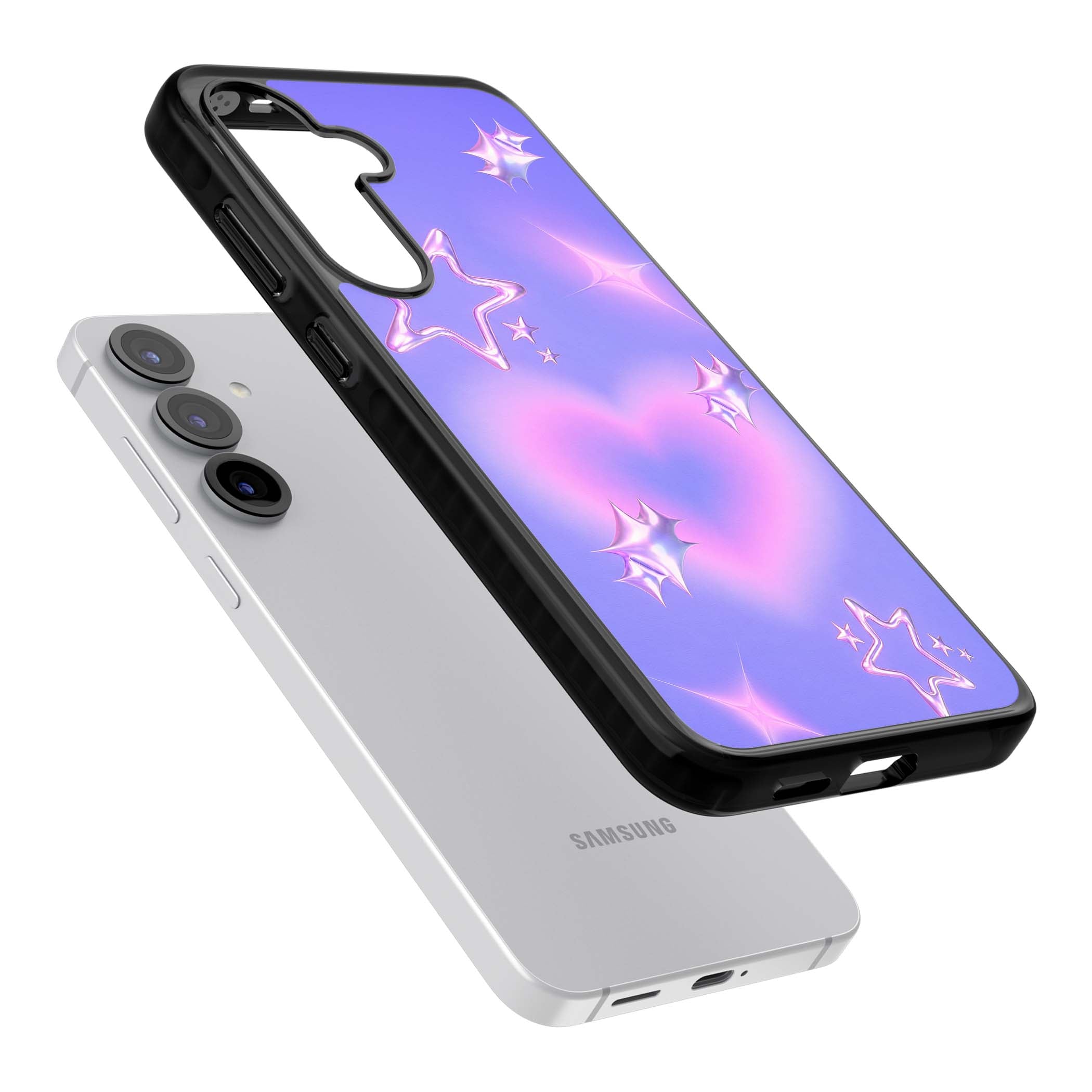 Soft Sugar Y2K iPhone case featuring iridescent chrome hearts, metallic pink stars and a lavender gradient sky | Black Impact case for Samsung Galaxy S25, Samsung Galaxy S25 Plus
