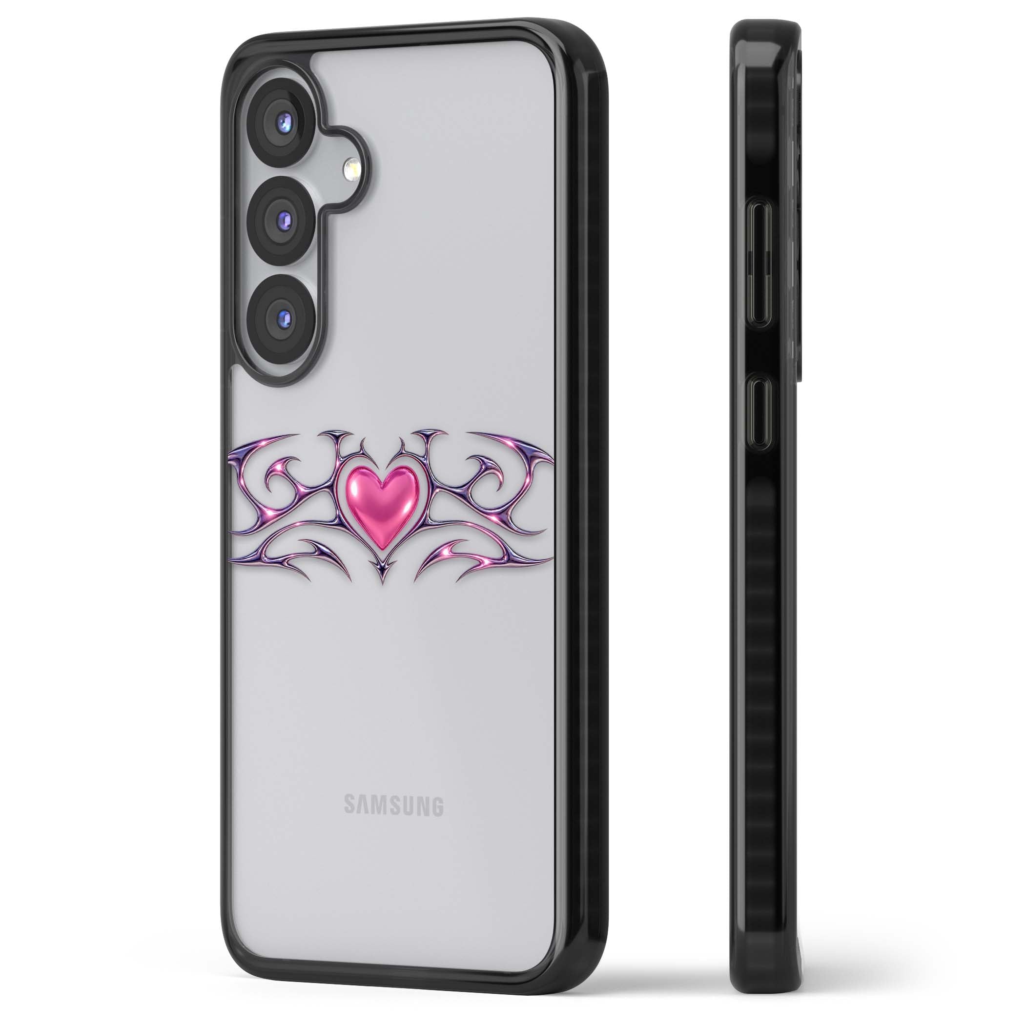 Pink Chrome Heart y2k iPhone case | Black Impact case for Samsung Galaxy S25, Samsung Galaxy S25 Plus