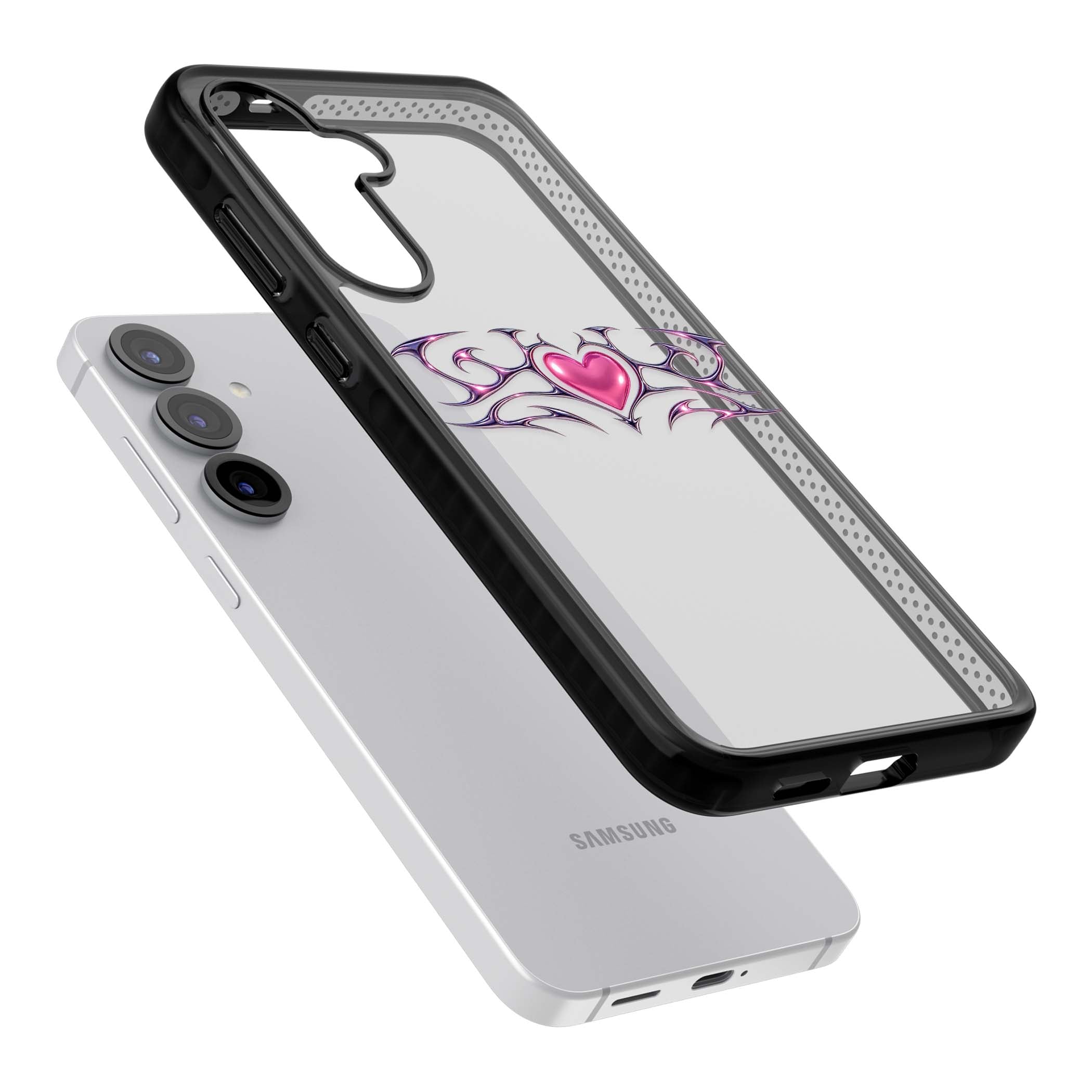 Pink Chrome Heart y2k iPhone case | Black Impact case for Samsung Galaxy S25, Samsung Galaxy S25 Plus