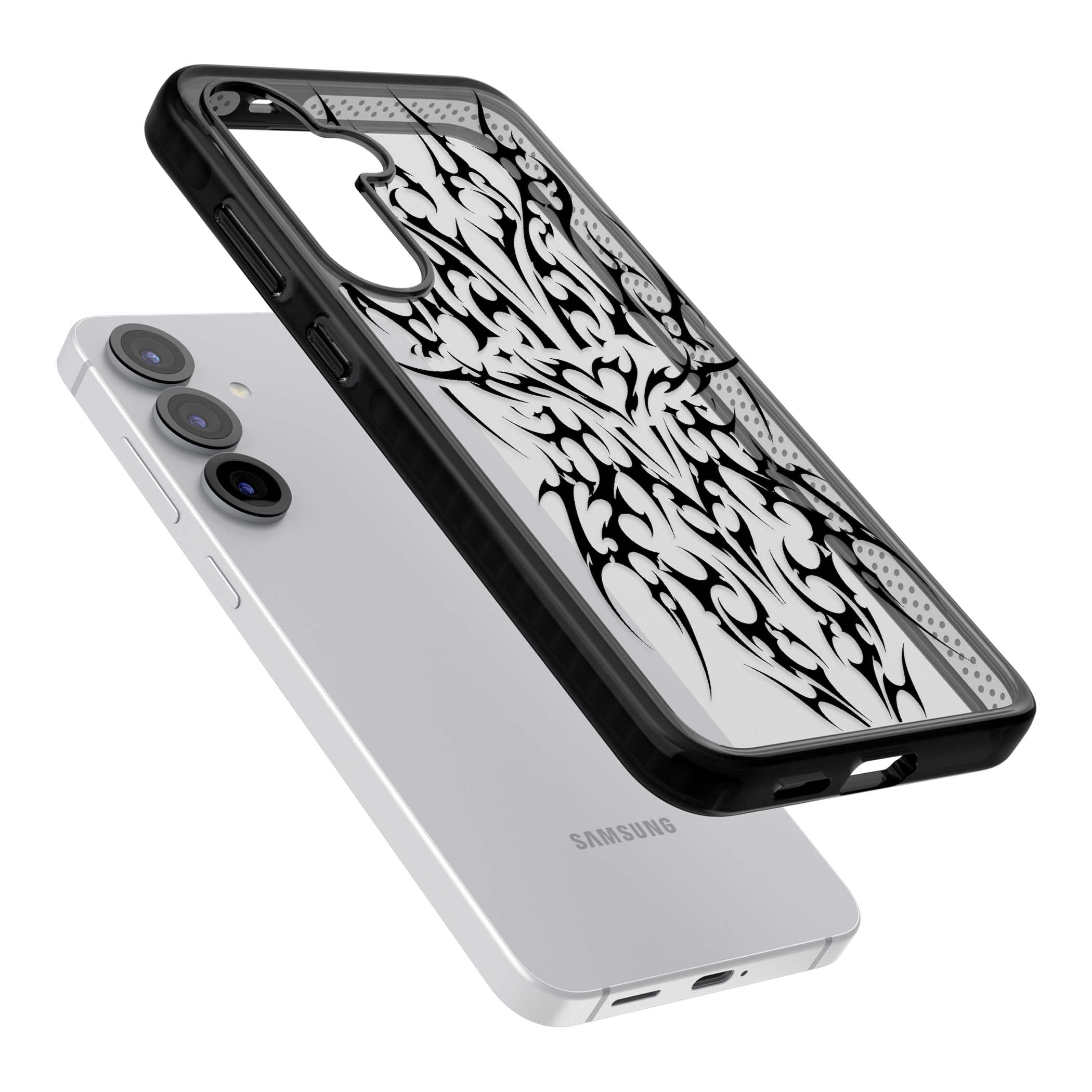 Neo Tribal Heart gothic iPhone case featuring symmetrical black tribal tattoo art with sharp thorn-like linework | Black Impact case for Samsung Galaxy S25, Samsung Galaxy S25 Plus