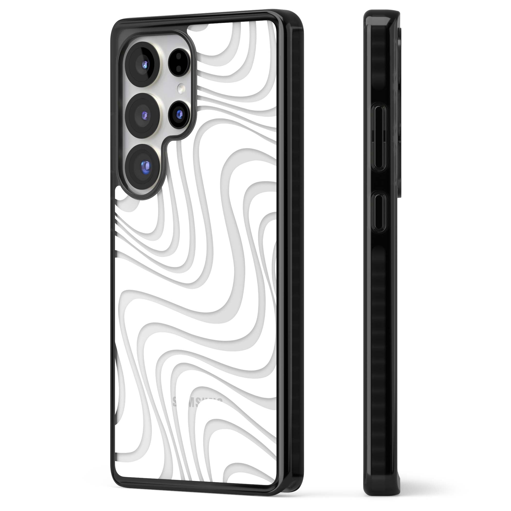 White Abstract Waves abstract iPhone case featuring flowing grey wave pattern on clear background | Black Impact case for Samsung Galaxy S25 Ultra