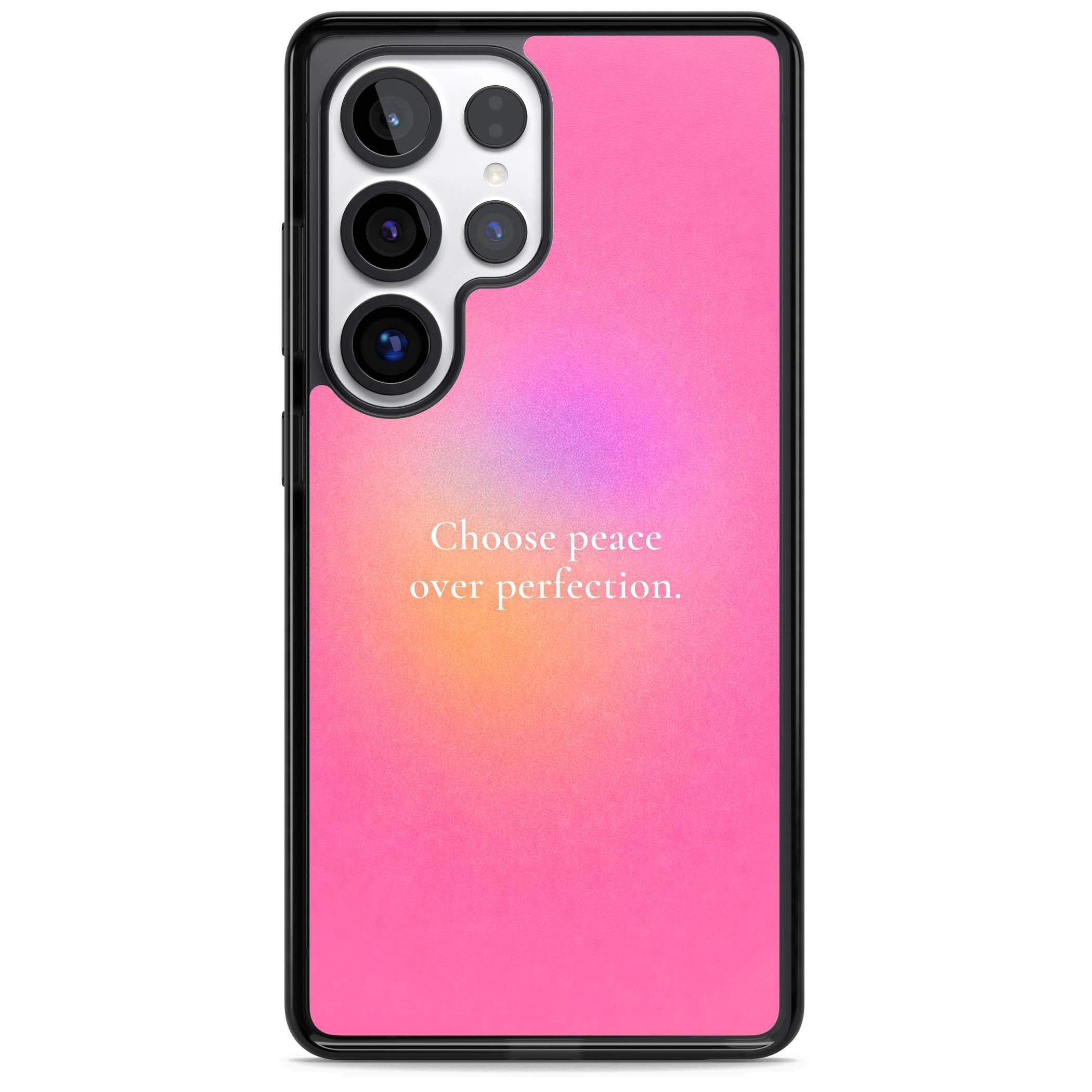 Peace Over Perfection quote iPhone case featuring a dreamy pink aura gradient and delicate white affirmation text | Black Impact case for Samsung Galaxy S25 Ultra