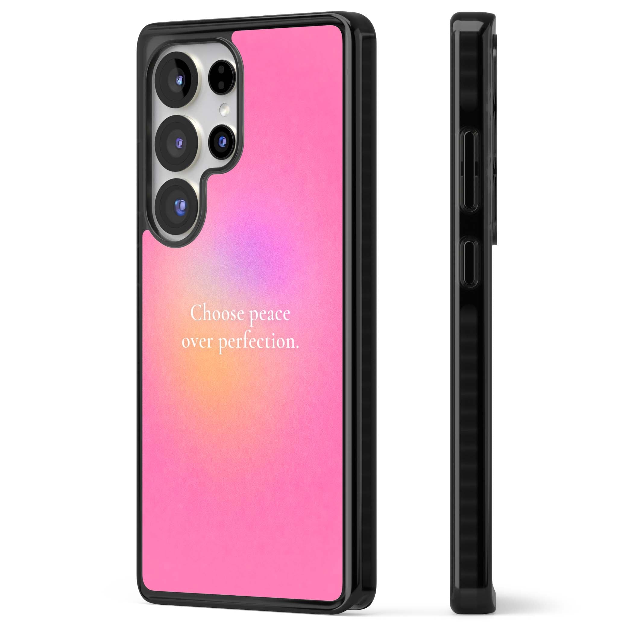 Peace Over Perfection quote iPhone case featuring a dreamy pink aura gradient and delicate white affirmation text | Black Impact case for Samsung Galaxy S25 Ultra