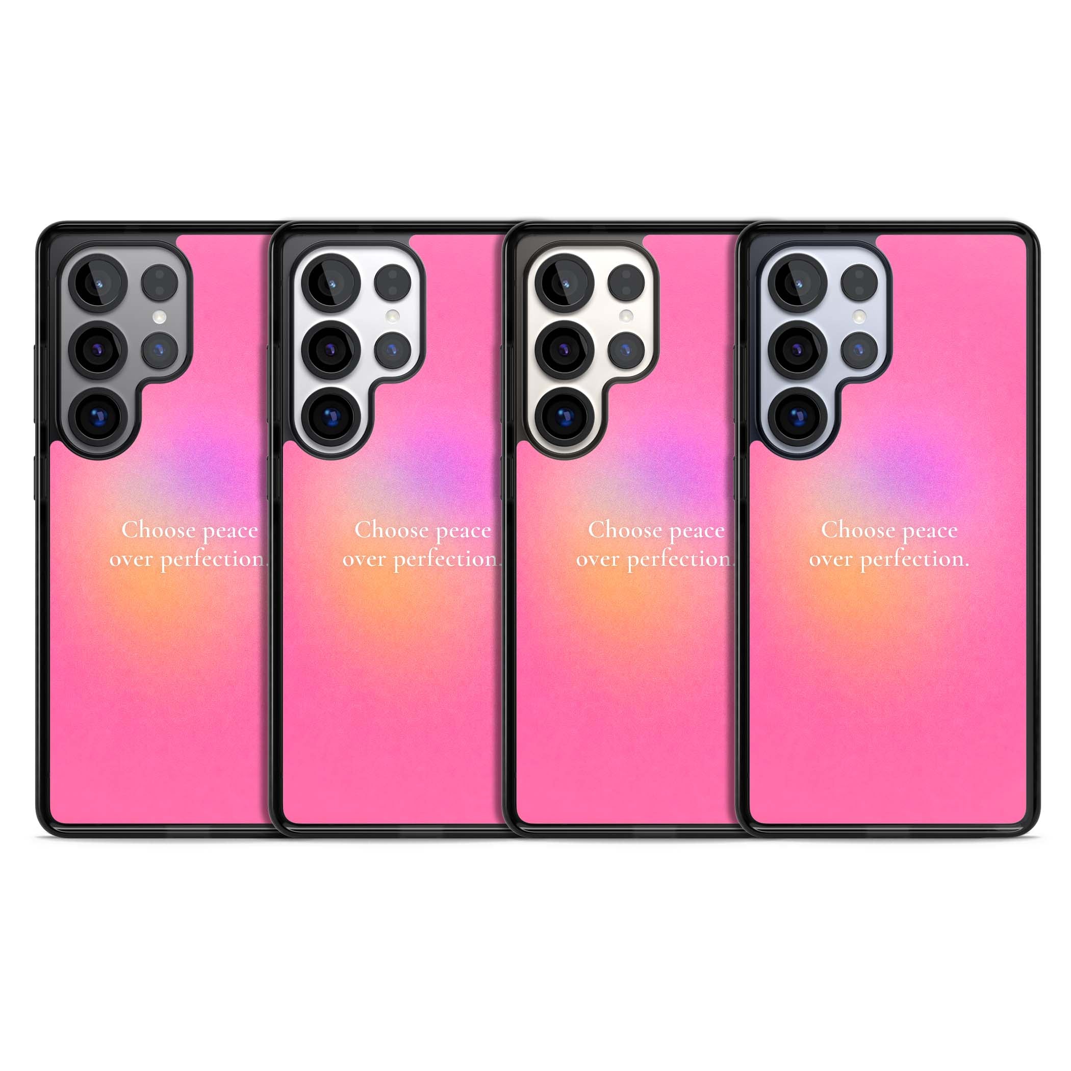 Peace Over Perfection quote iPhone case featuring a dreamy pink aura gradient and delicate white affirmation text | Black Impact case for Samsung Galaxy S25 Ultra