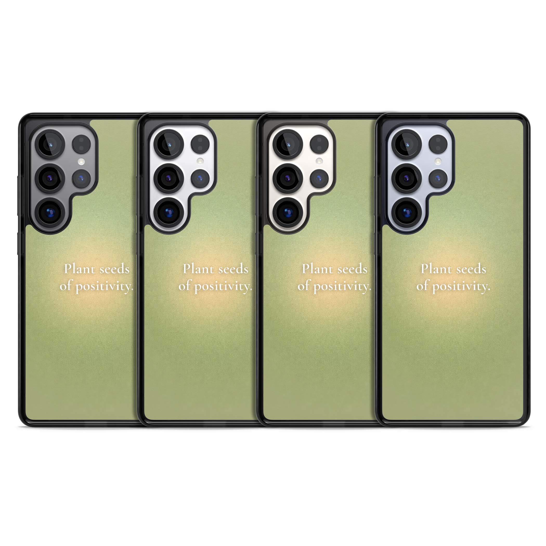 Seeds of Positivity quote iPhone case featuring a sage green aura gradient and golden glow affirmation | Black Impact case for Samsung Galaxy S25 Ultra