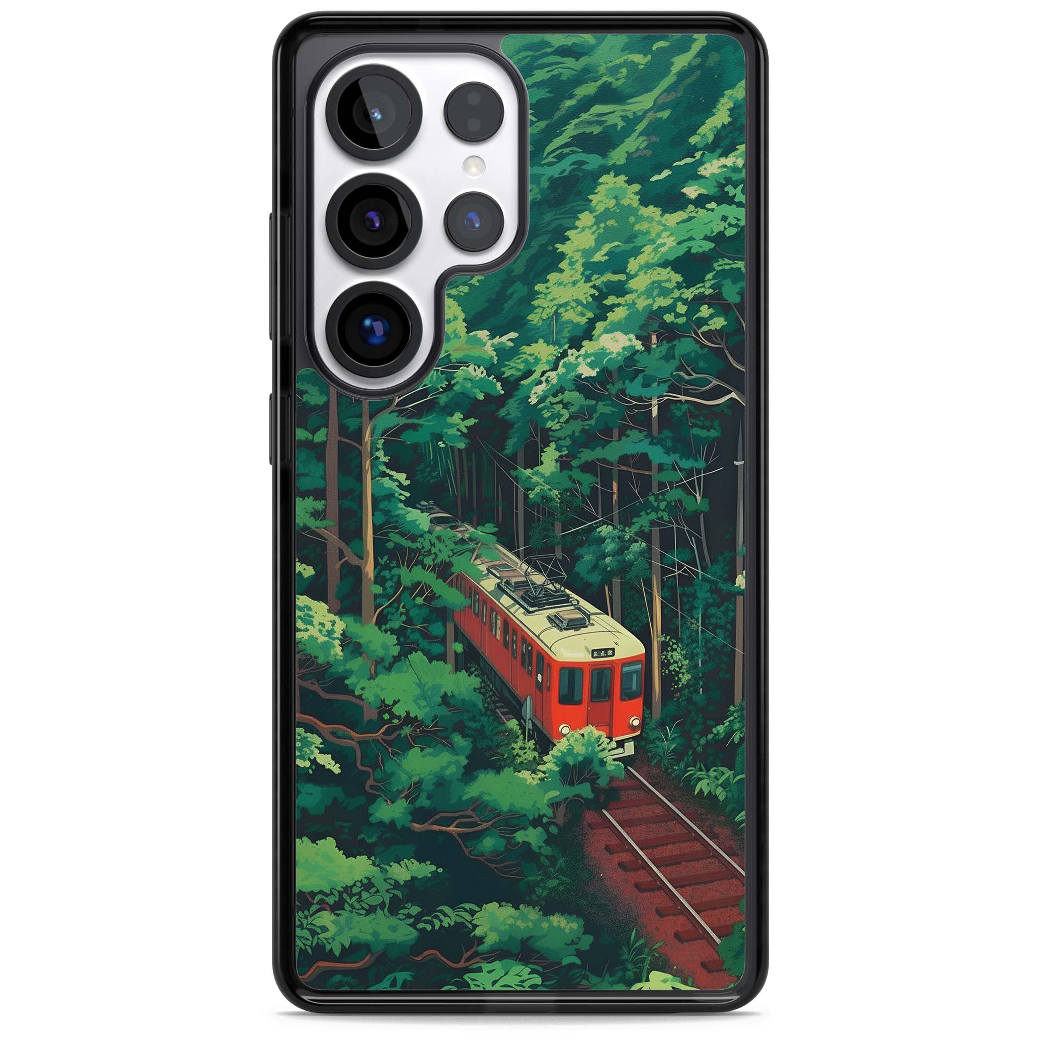 Railway In Toyama Japanese iPhone case featuring a red train, cedar forest and winding mountain railway tracks | Black Impact case for Samsung Galaxy S25 Ultra