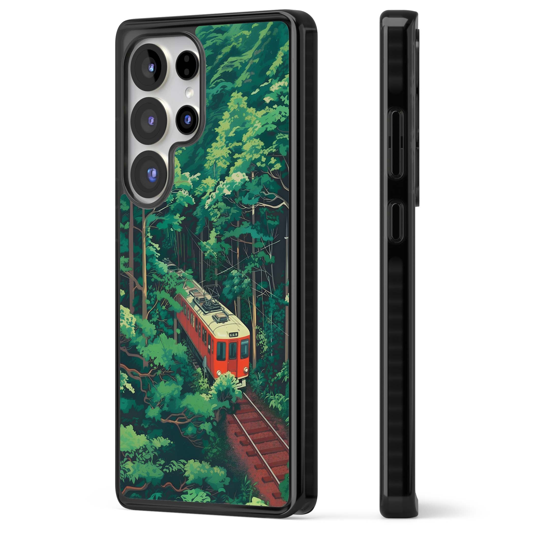 Railway In Toyama Japanese iPhone case featuring a red train, cedar forest and winding mountain railway tracks | Black Impact case for Samsung Galaxy S25 Ultra