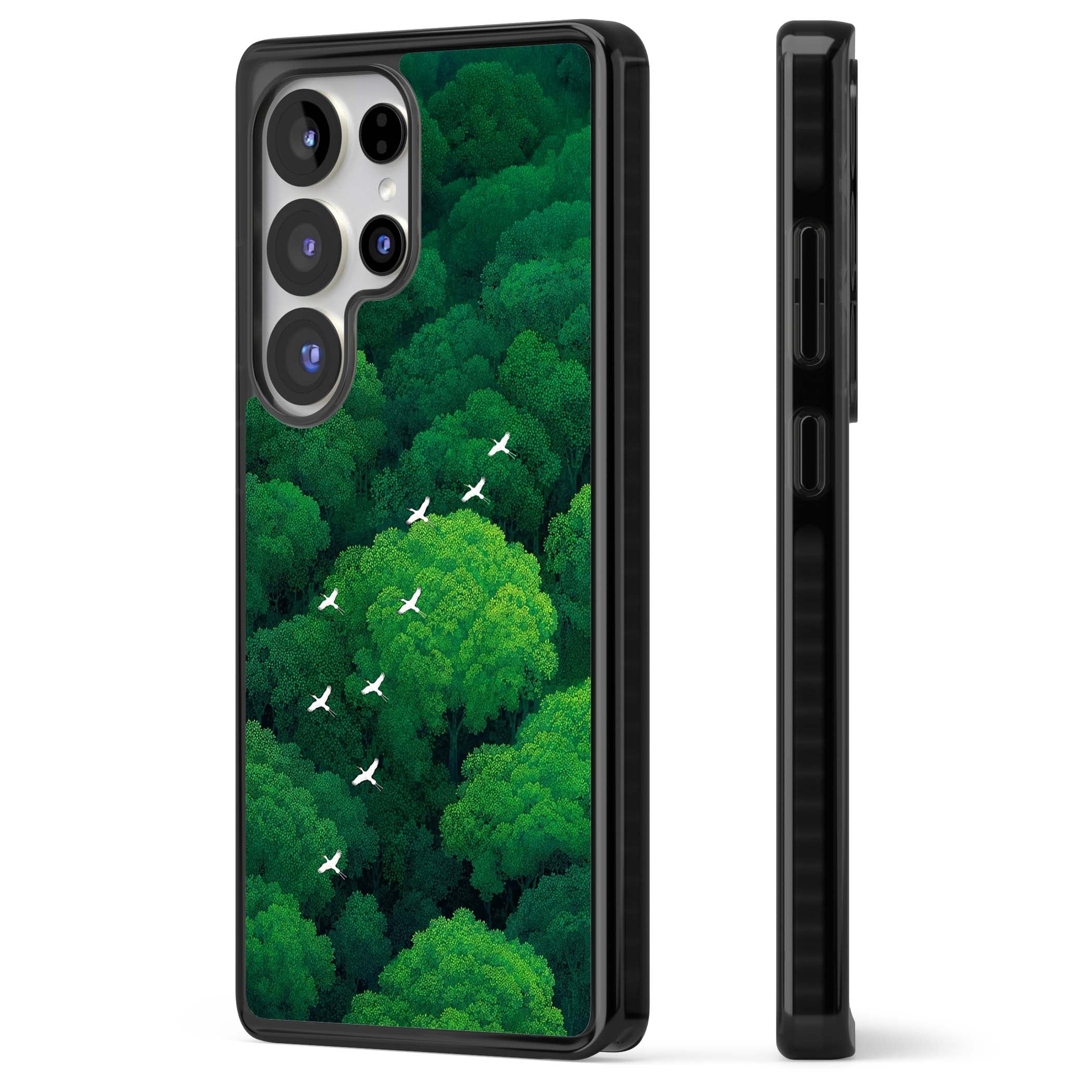Grove Migration forest iPhone case featuring white cranes flying over lush green treetop canopy | Black Impact case for Samsung Galaxy S25 Ultra