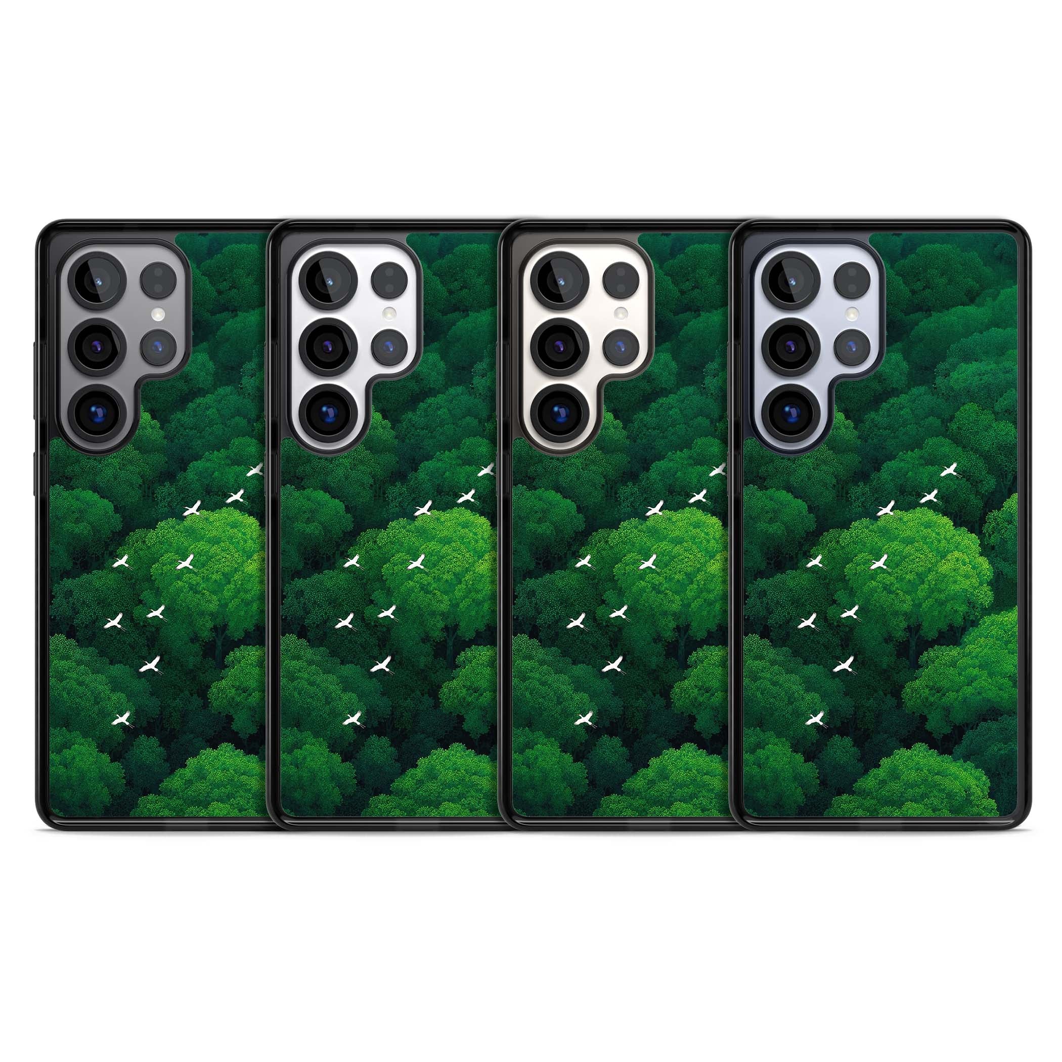 Grove Migration forest iPhone case featuring white cranes flying over lush green treetop canopy | Black Impact case for Samsung Galaxy S25 Ultra
