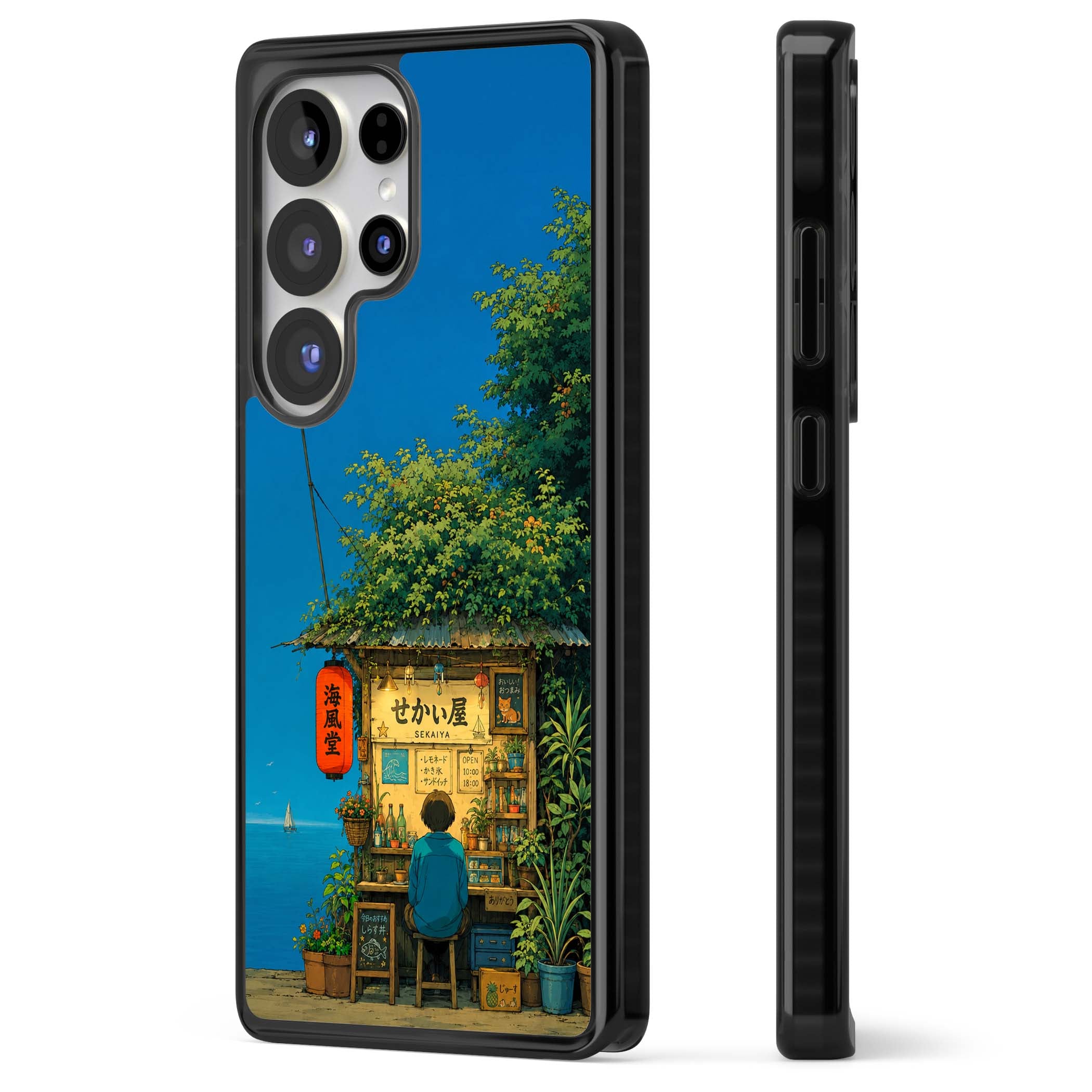 The Shirahama Kiosk anime iPhone case featuring a Japanese seaside shop, red paper lantern and ocean view | Black Impact case for Samsung Galaxy S25 Ultra