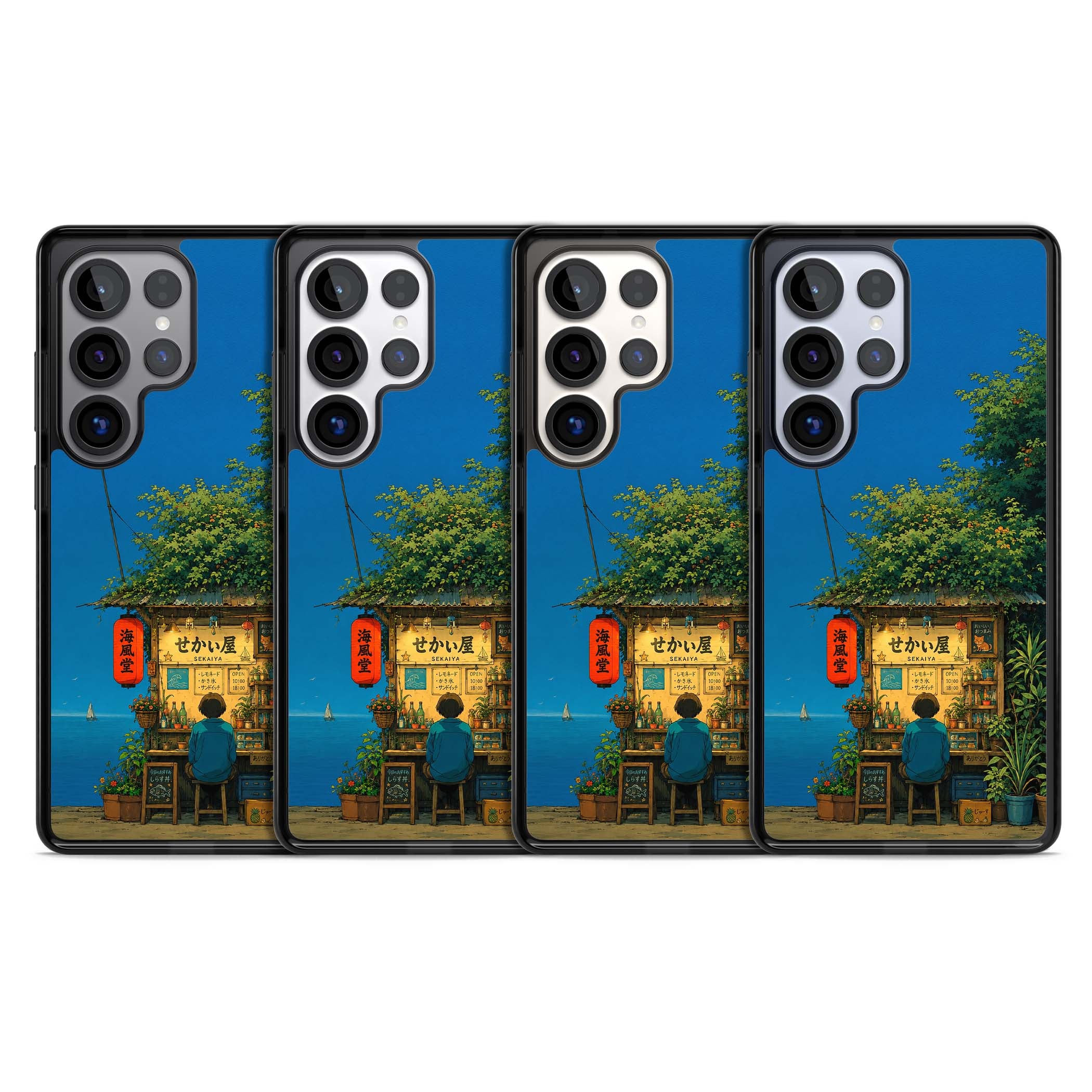 The Shirahama Kiosk anime iPhone case featuring a Japanese seaside shop, red paper lantern and ocean view | Black Impact case for Samsung Galaxy S25 Ultra