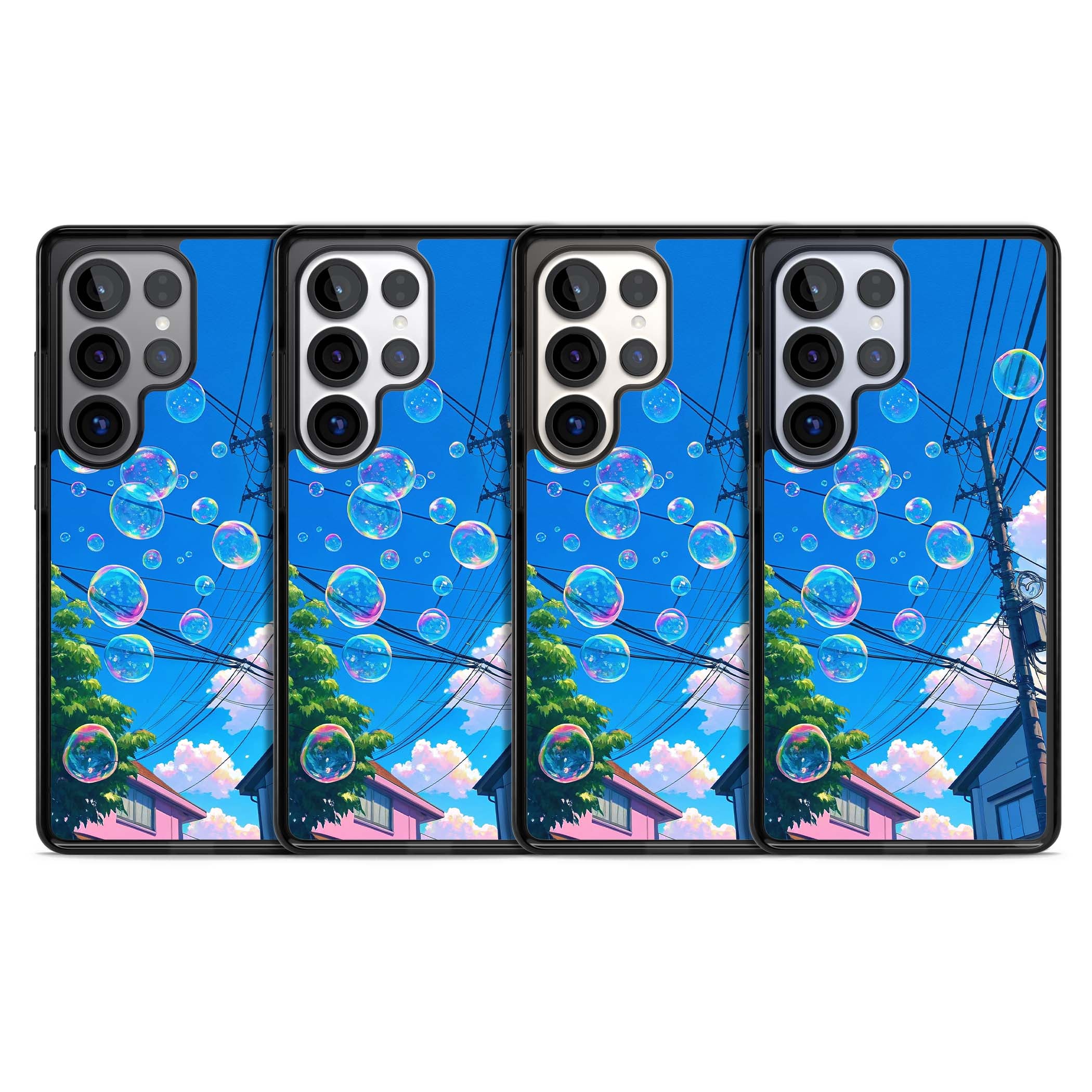 Suburban Bubbles anime iPhone case featuring iridescent soap bubbles, blue sky and Japanese telephone wires | Black Impact case for Samsung Galaxy S25 Ultra