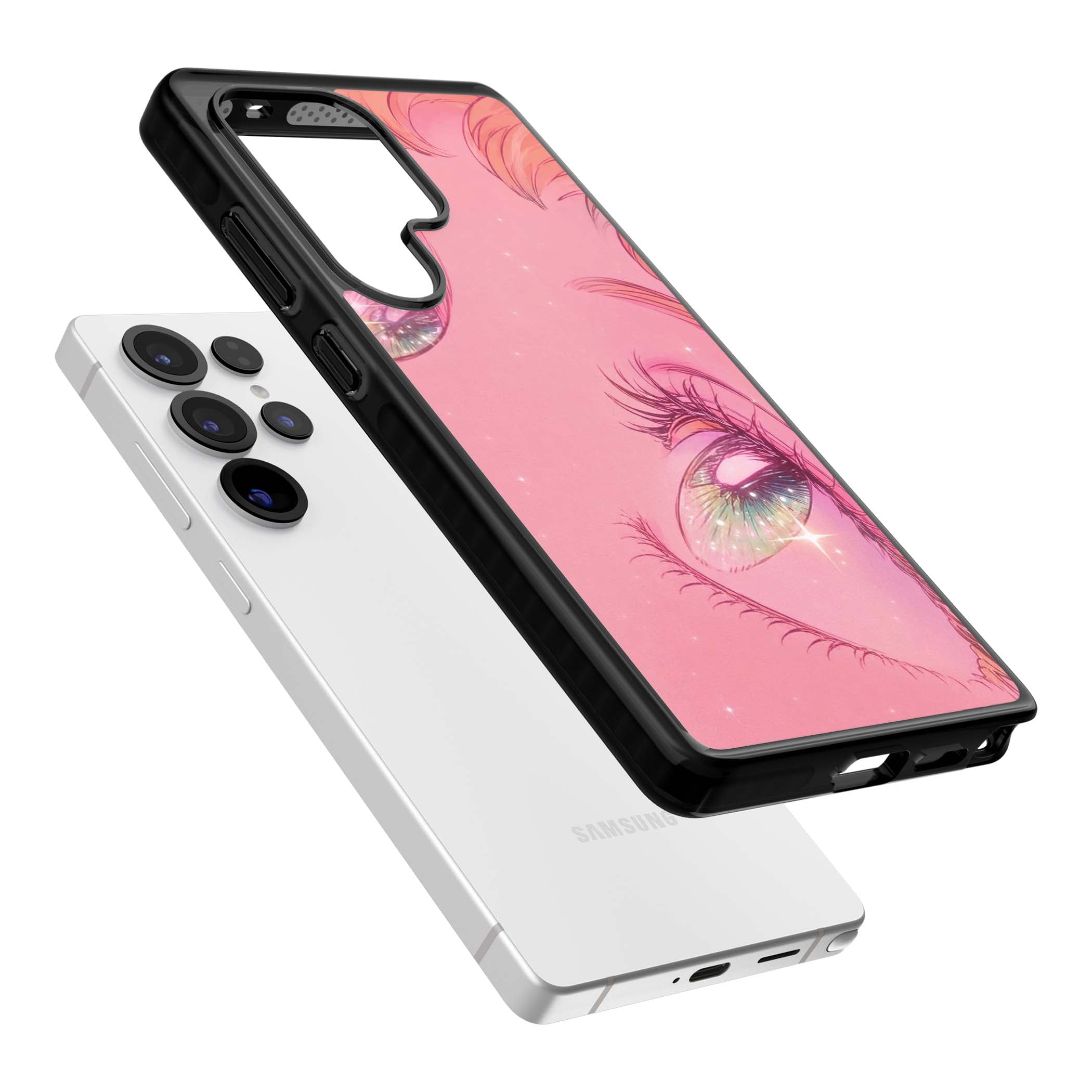 Pink Ethereal Gaze anime iPhone case featuring sparkling manga eyes, coral lashes and dreamy peach sky | Black Impact case for Samsung Galaxy S25 Ultra