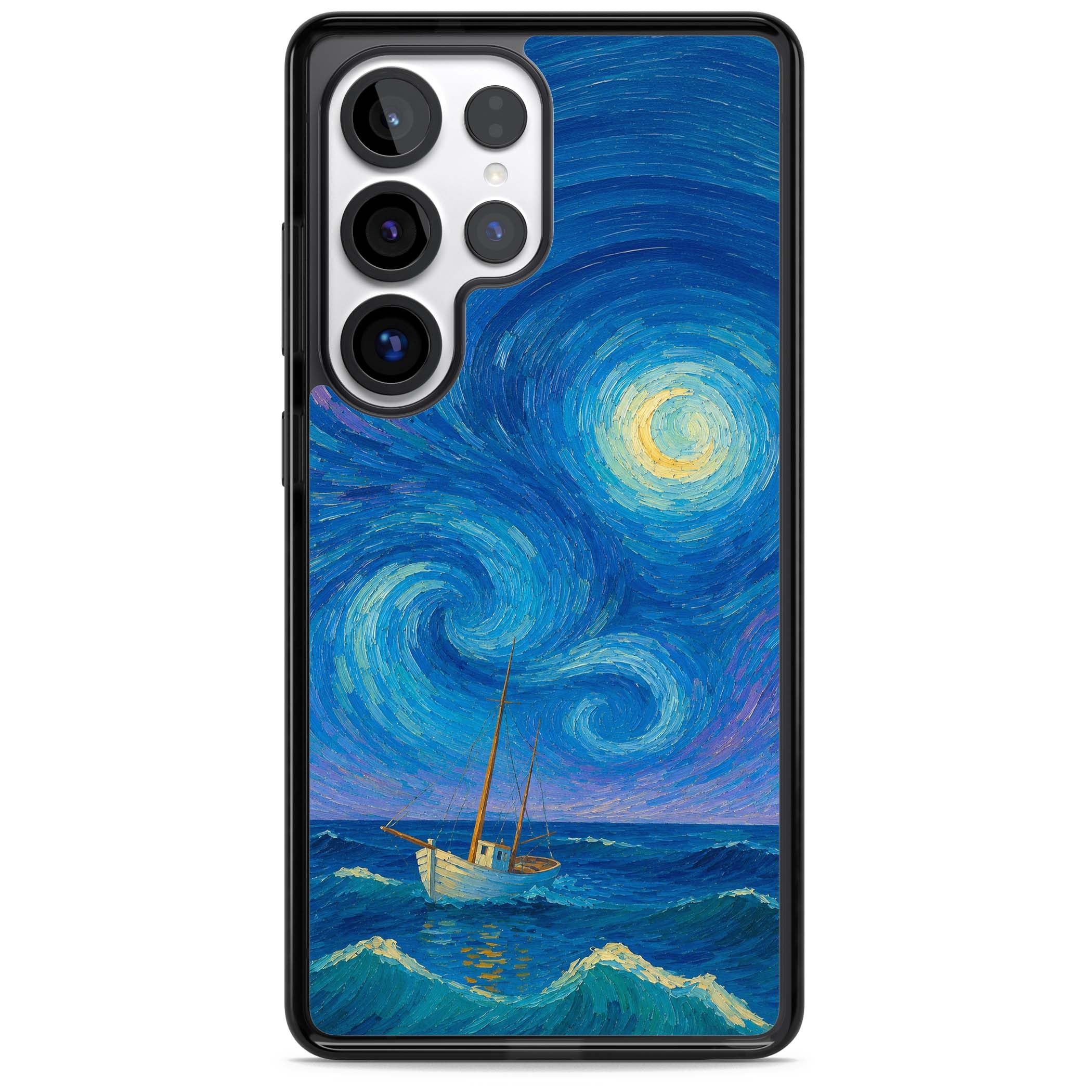 Moonlit Tide Van Gogh art iPhone case featuring swirling starry night sky, glowing moon and lone sailing boat at sea | Black Impact case for Samsung Galaxy S25 Ultra