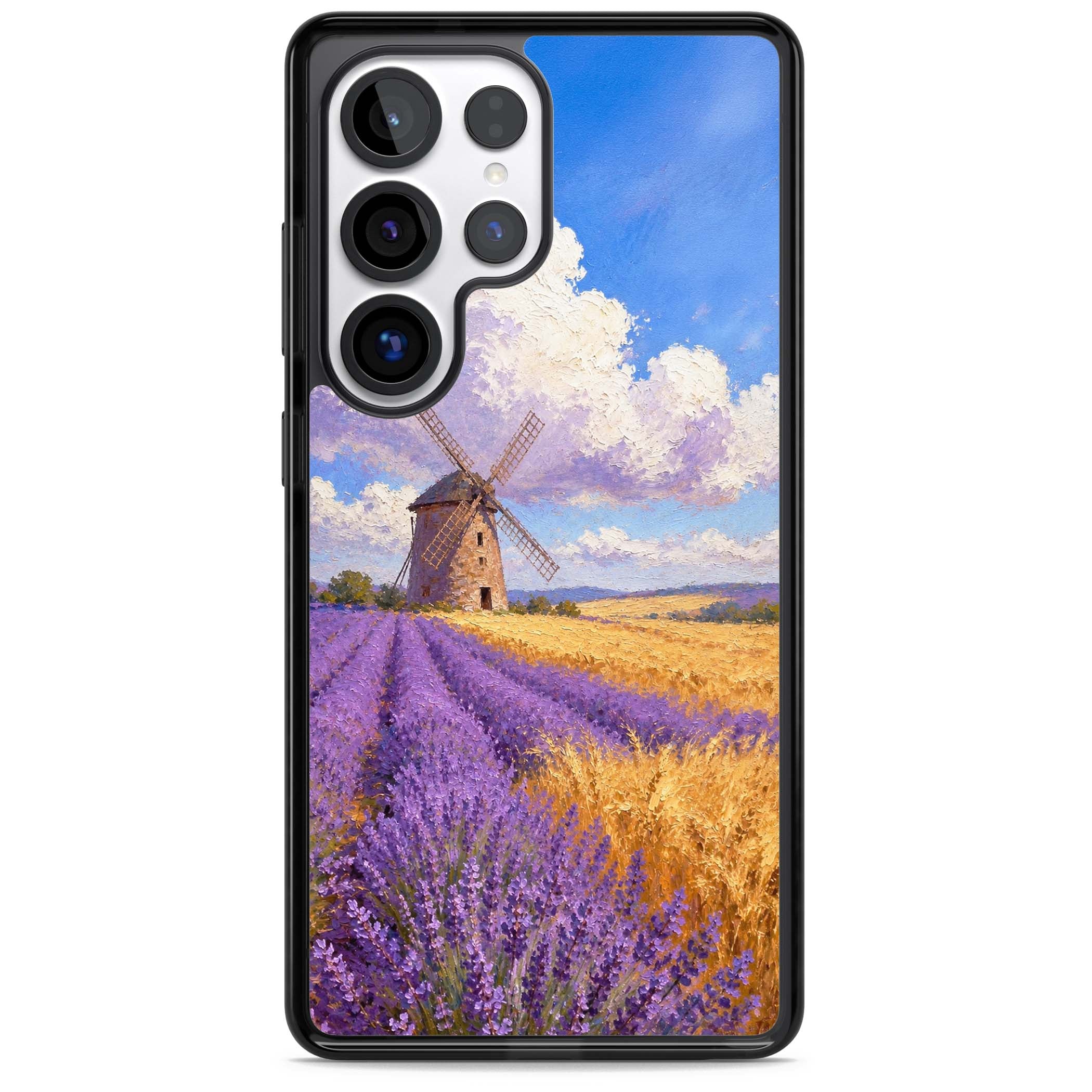 Lavender Mill cottagecore iPhone case featuring a French windmill, lavender field and golden wheat oil painting | Black Impact case for Samsung Galaxy S25 Ultra