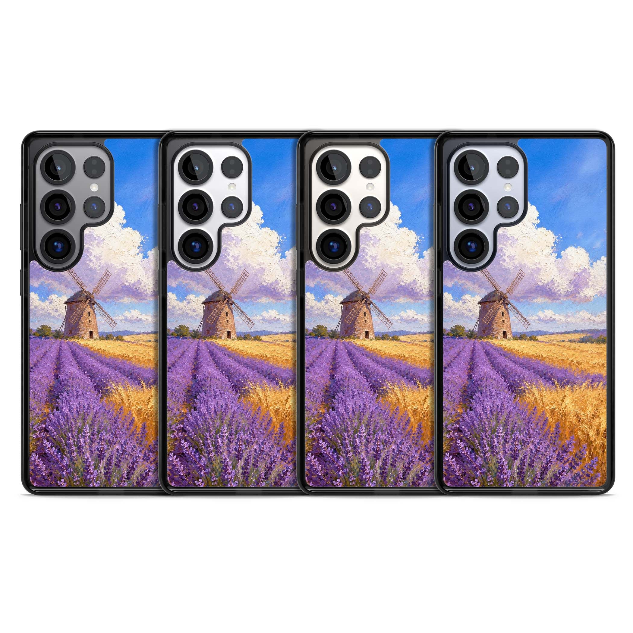 Lavender Mill cottagecore iPhone case featuring a French windmill, lavender field and golden wheat oil painting | Black Impact case for Samsung Galaxy S25 Ultra