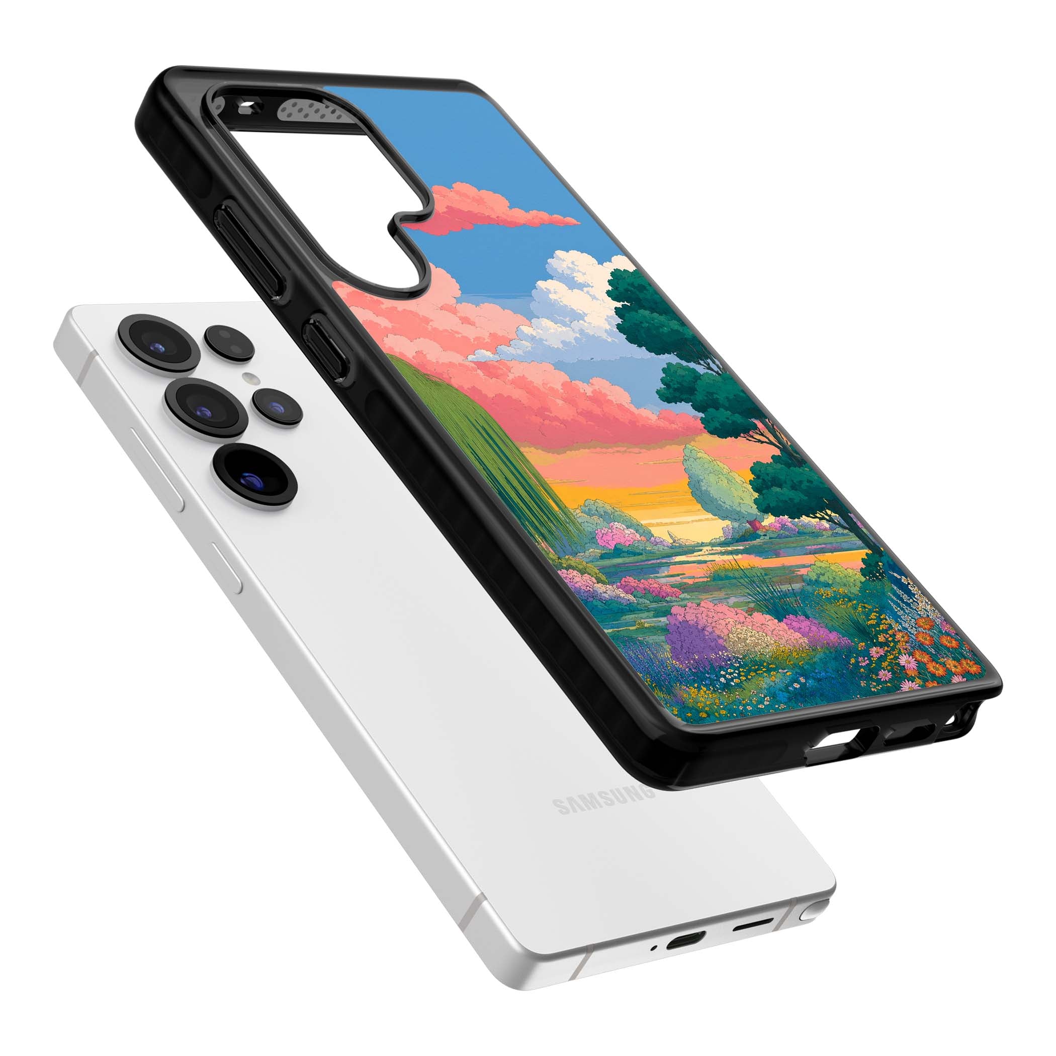 Dream Valley anime landscape iPhone case featuring pink sunset clouds, willow trees and wildflowers | Black Impact case for Samsung Galaxy S25 Ultra