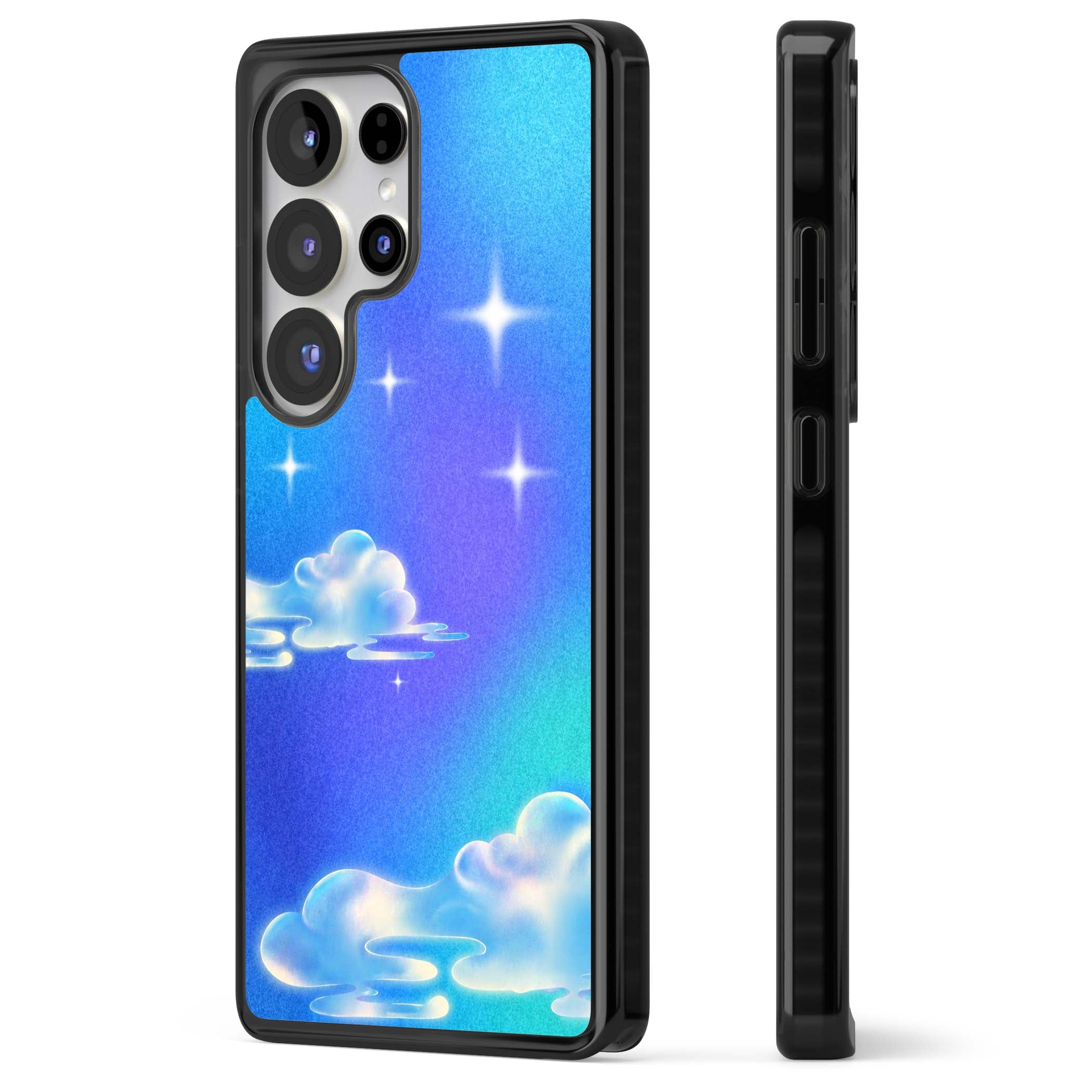 Aurora celestial iPhone case featuring dreamy iridescent clouds, sparkling stars and pastel blue purple sky | Black Impact case for Samsung Galaxy S25 Ultra