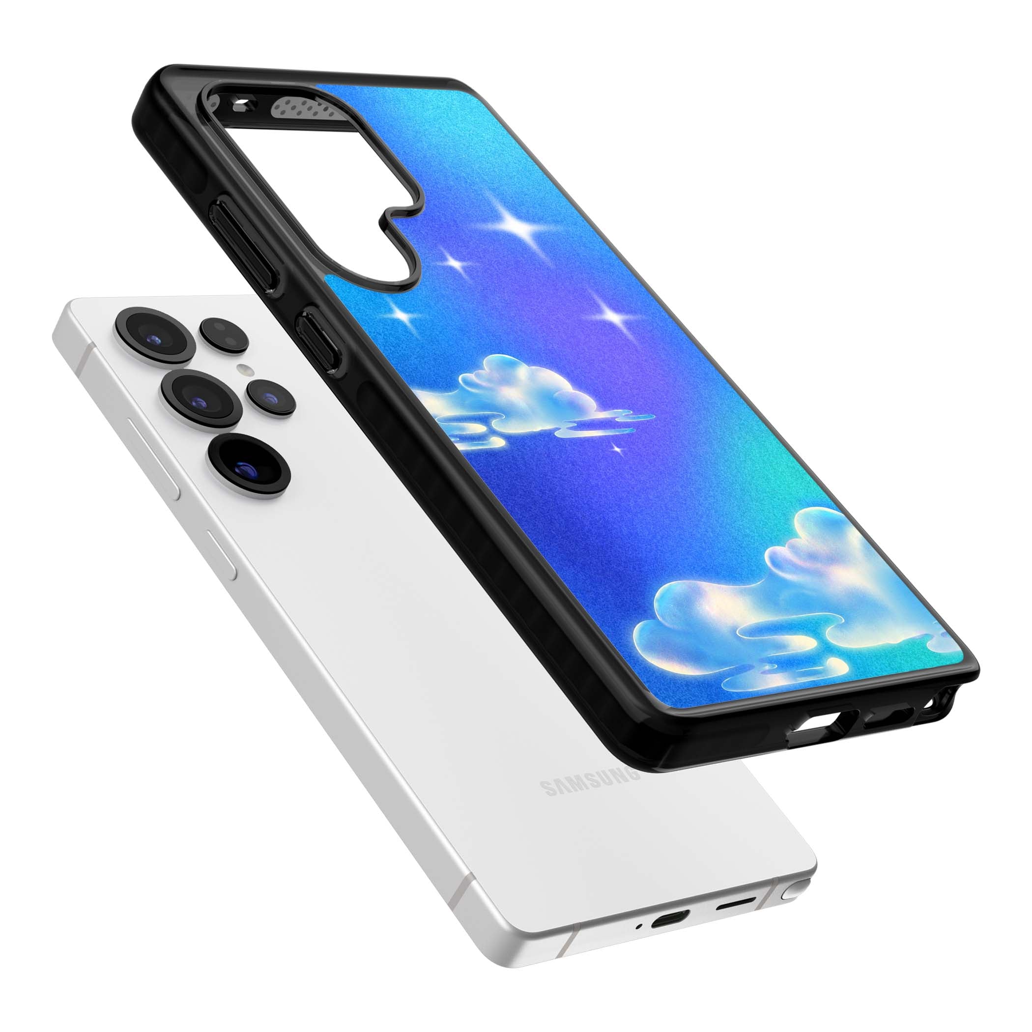 Aurora celestial iPhone case featuring dreamy iridescent clouds, sparkling stars and pastel blue purple sky | Black Impact case for Samsung Galaxy S25 Ultra